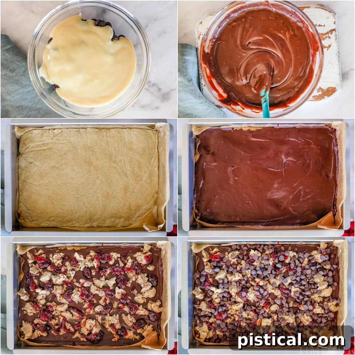 A six-image collage illustrating the step-by-step process of assembling and baking the raspberry crumble bars, showing the addition of chocolate, crumble, and raspberry preserves.