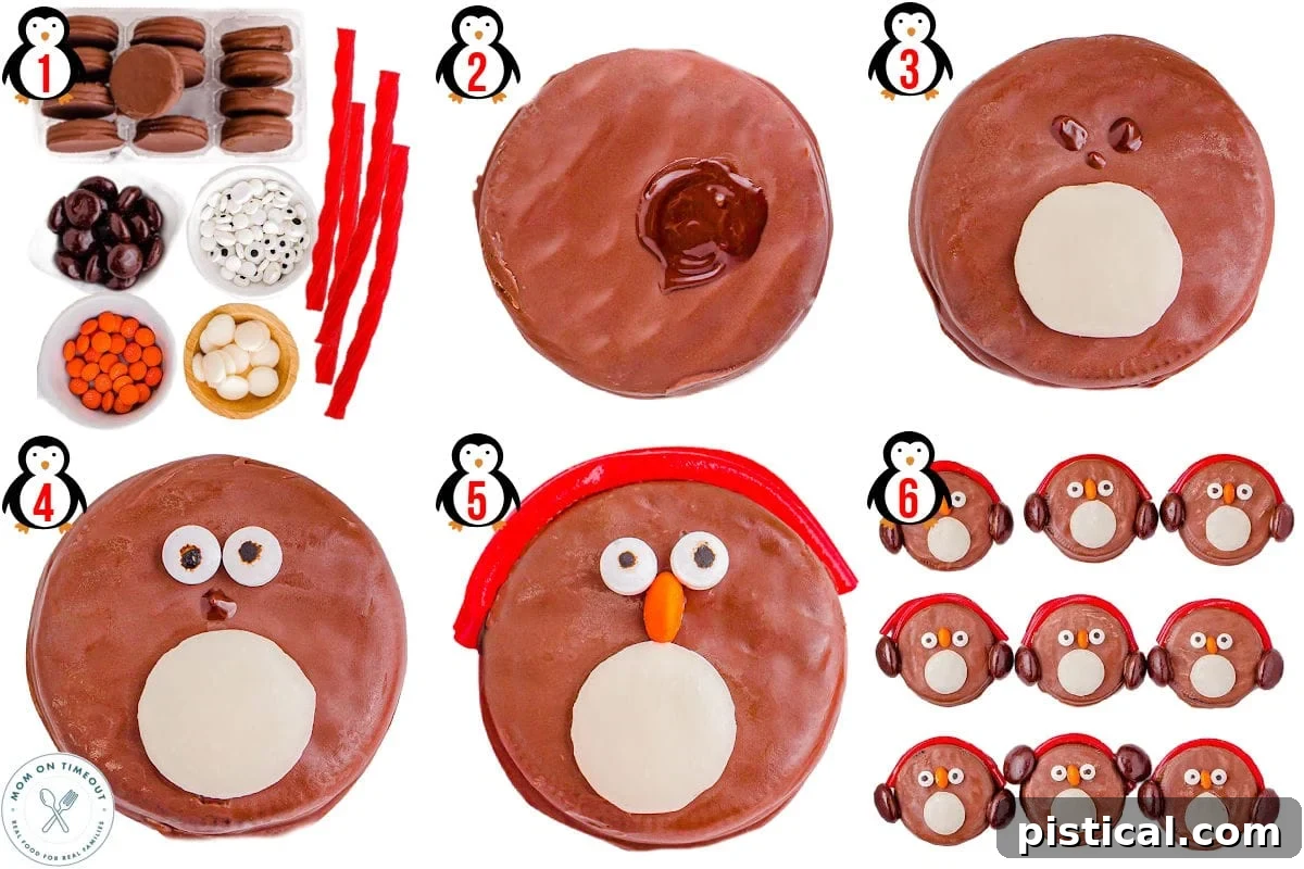 Six image collage showing how to make OREO Penguins step by step.