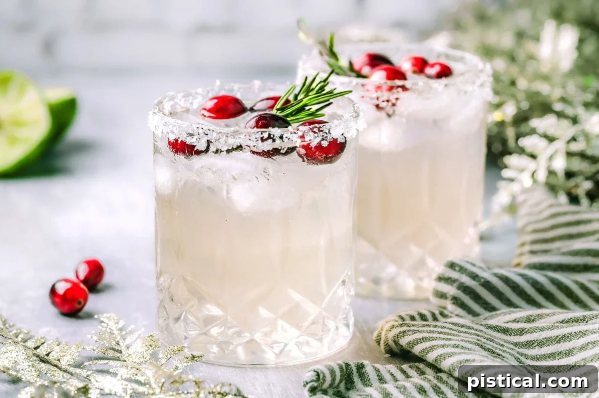 White Christmas Margarita recipe served in two glasses and topped with rosemary and cranberries. Margaritas are sitting next to a kitchen towel  and lime wedges and cranberries can be seen in the background.
