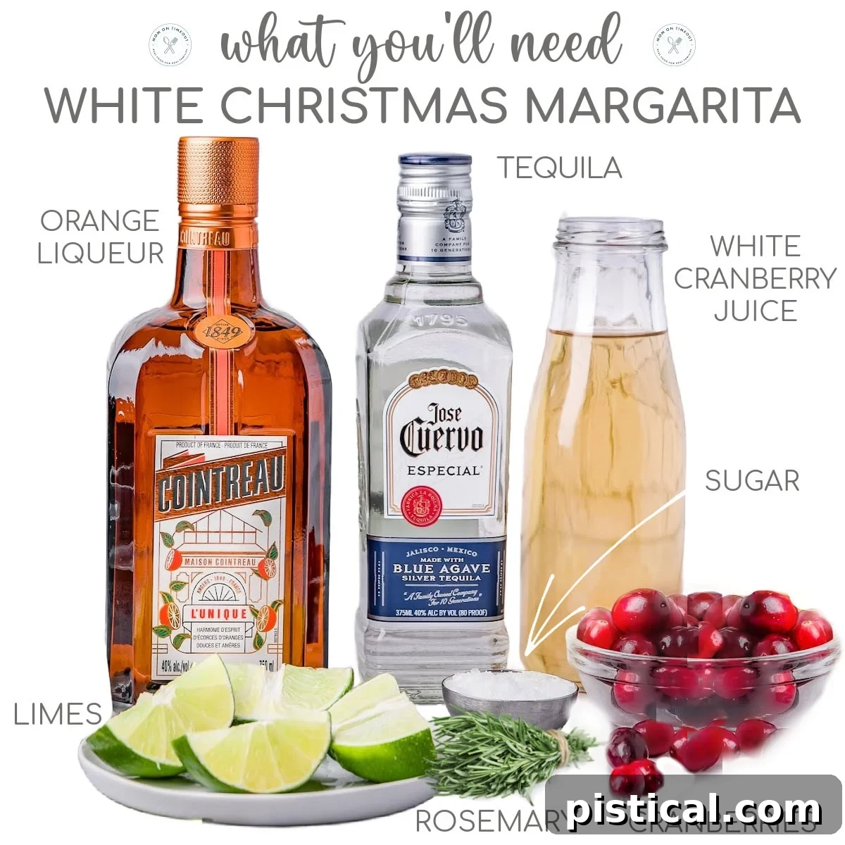Shot of ingredients needed for white christmas margarita.