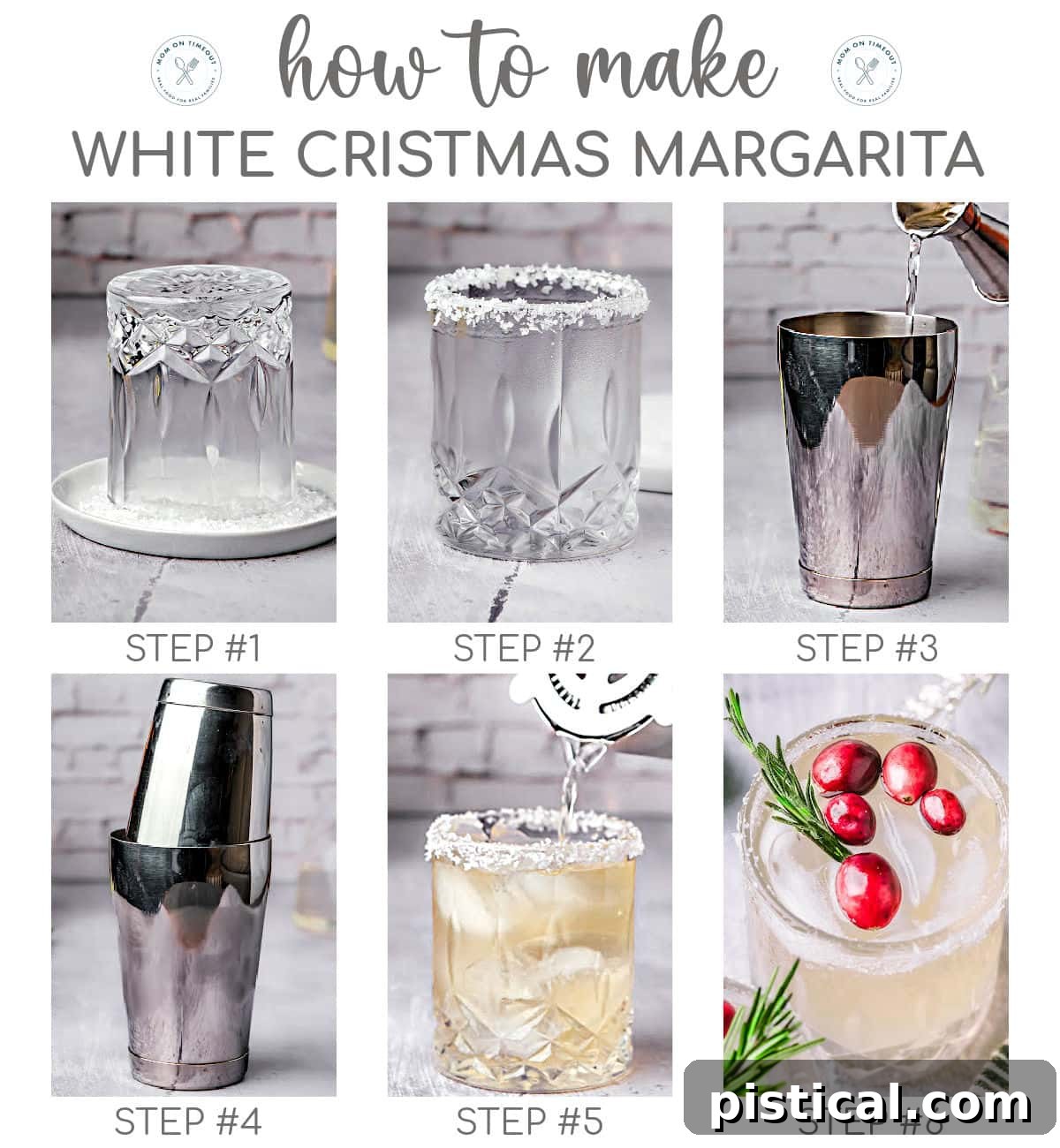 Six image collage showing how to make a white Christmas margarita.