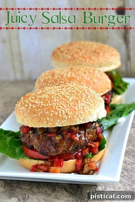 Perfectly grilled Juicy Salsa Burgers with fresh salsa on top, a delicious summer meal