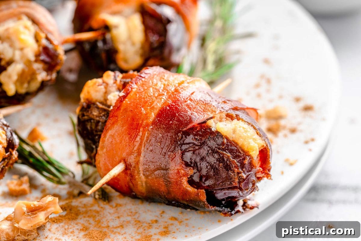 Wide shot of dates wrapped in bacon served on round white plate garnished with rosemary.