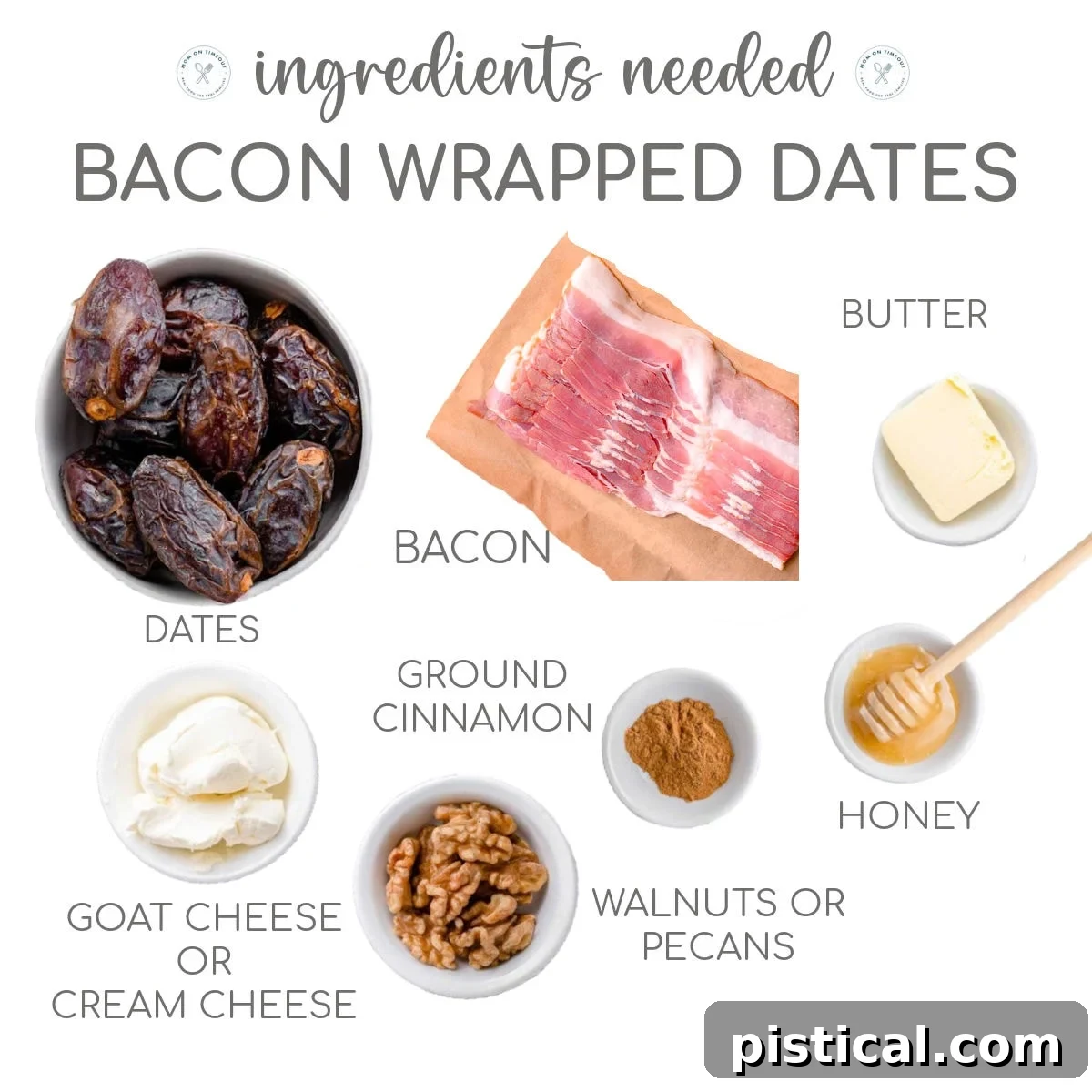 Overhead shot of ingredients for bacon wrapped dates laid out and ready to be used in the recipe.