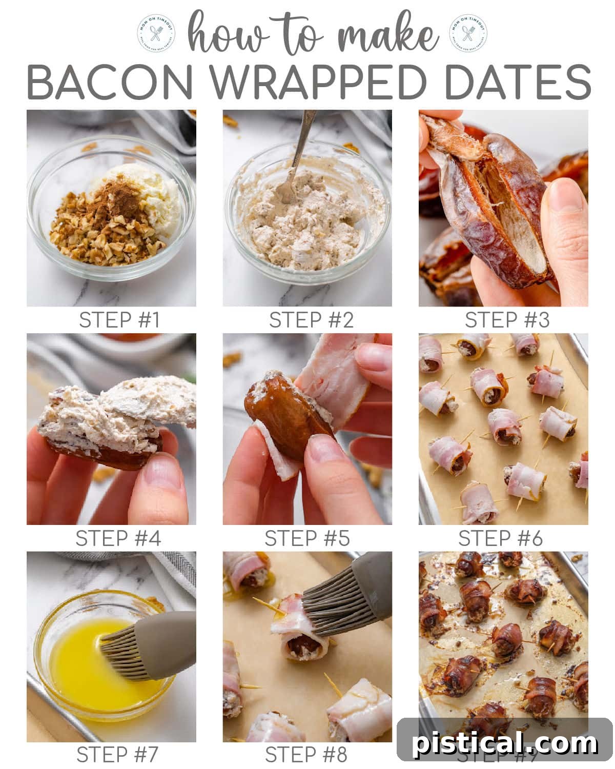 Nine image collage showing how to make bacon wrapped dates.