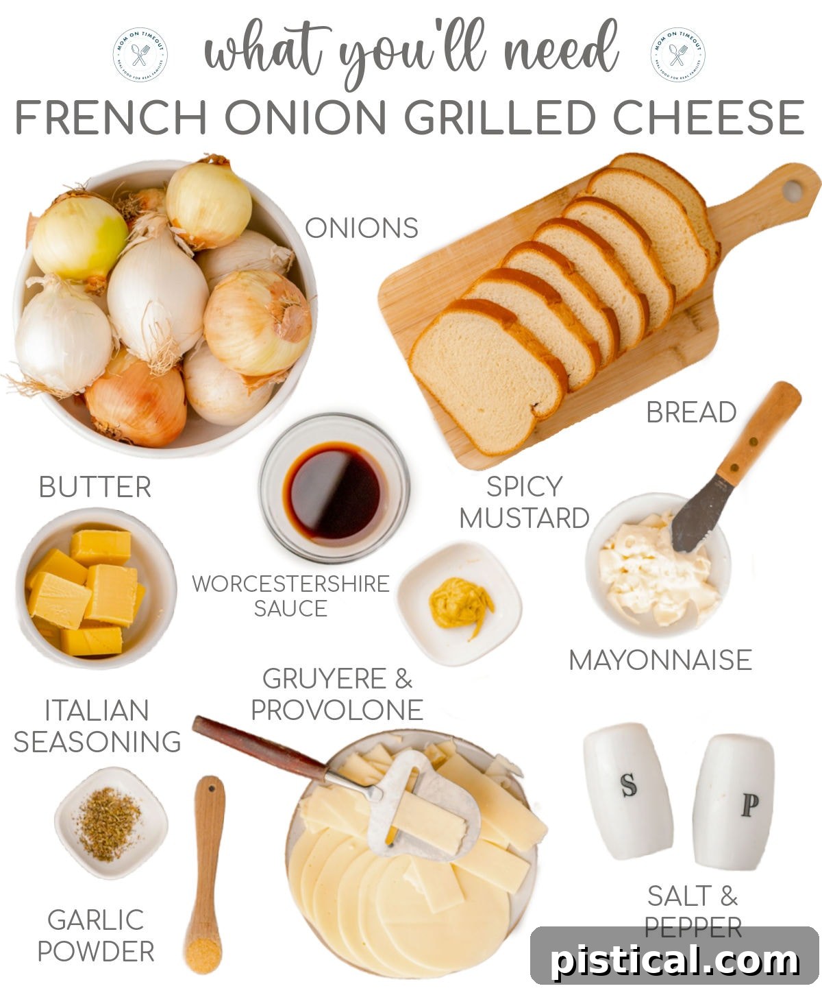 Graphic showing all of the ingredients needed for making french onion grilled cheese sandwiches. Image shows ingredients in a top down view with the ingredients measured out.