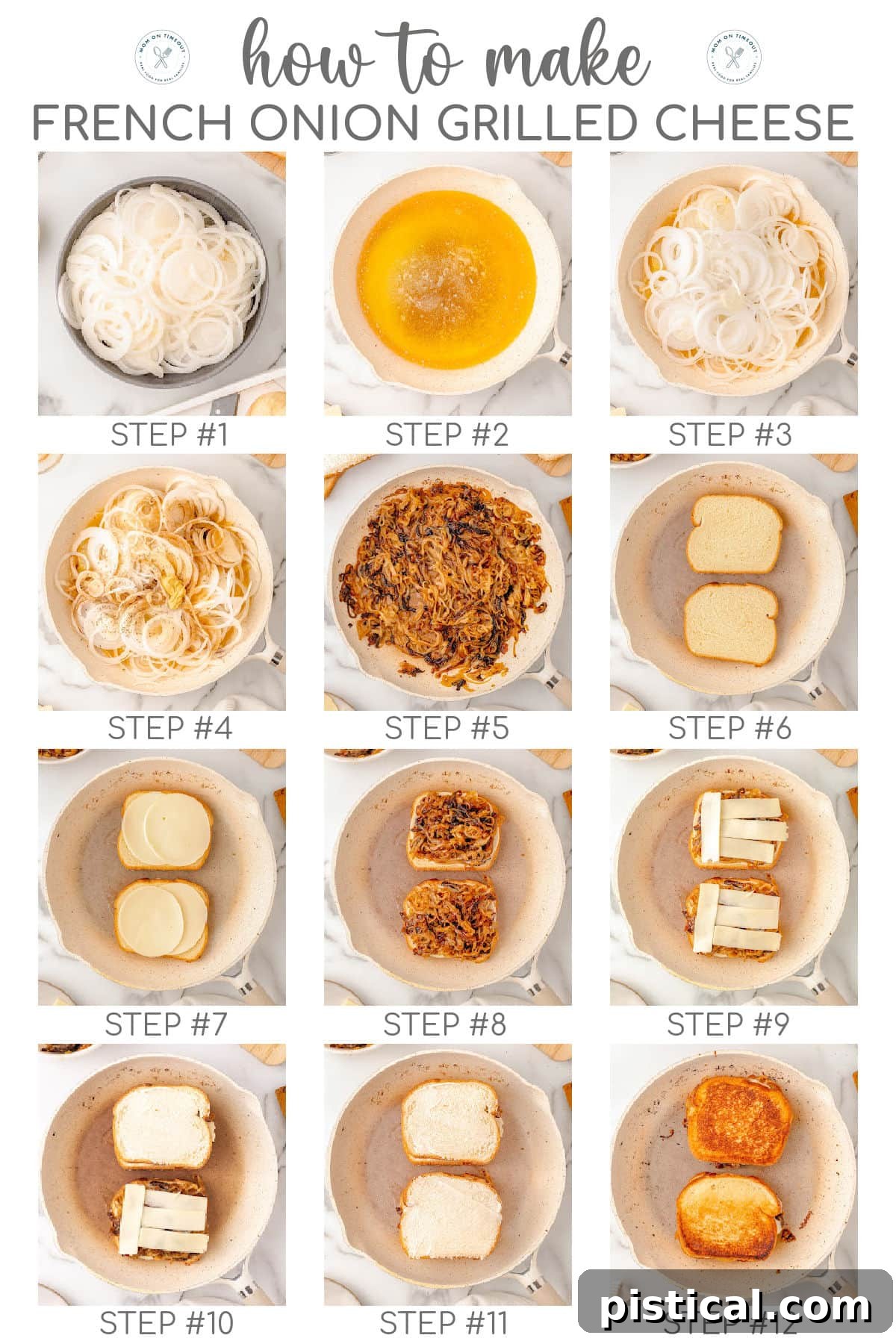 Twelve image collage showing how to make french onion grilled cheese step by step.