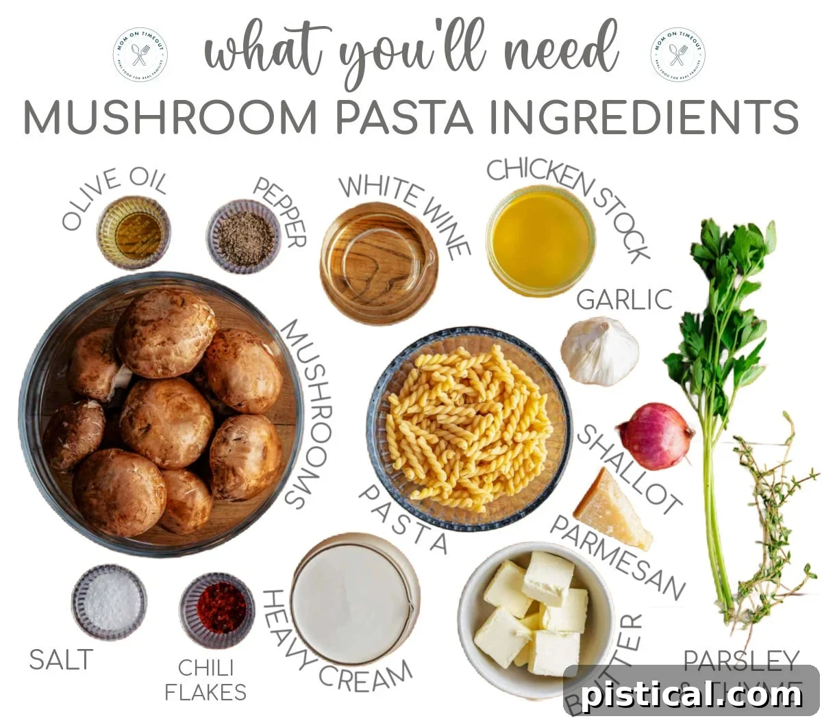 Graphic with mushroom pasta ingredients all measure out into small bowls and ready to be used in the recipe. Graphic has a title at the top indicating what you'll need for the mushroom pasta.