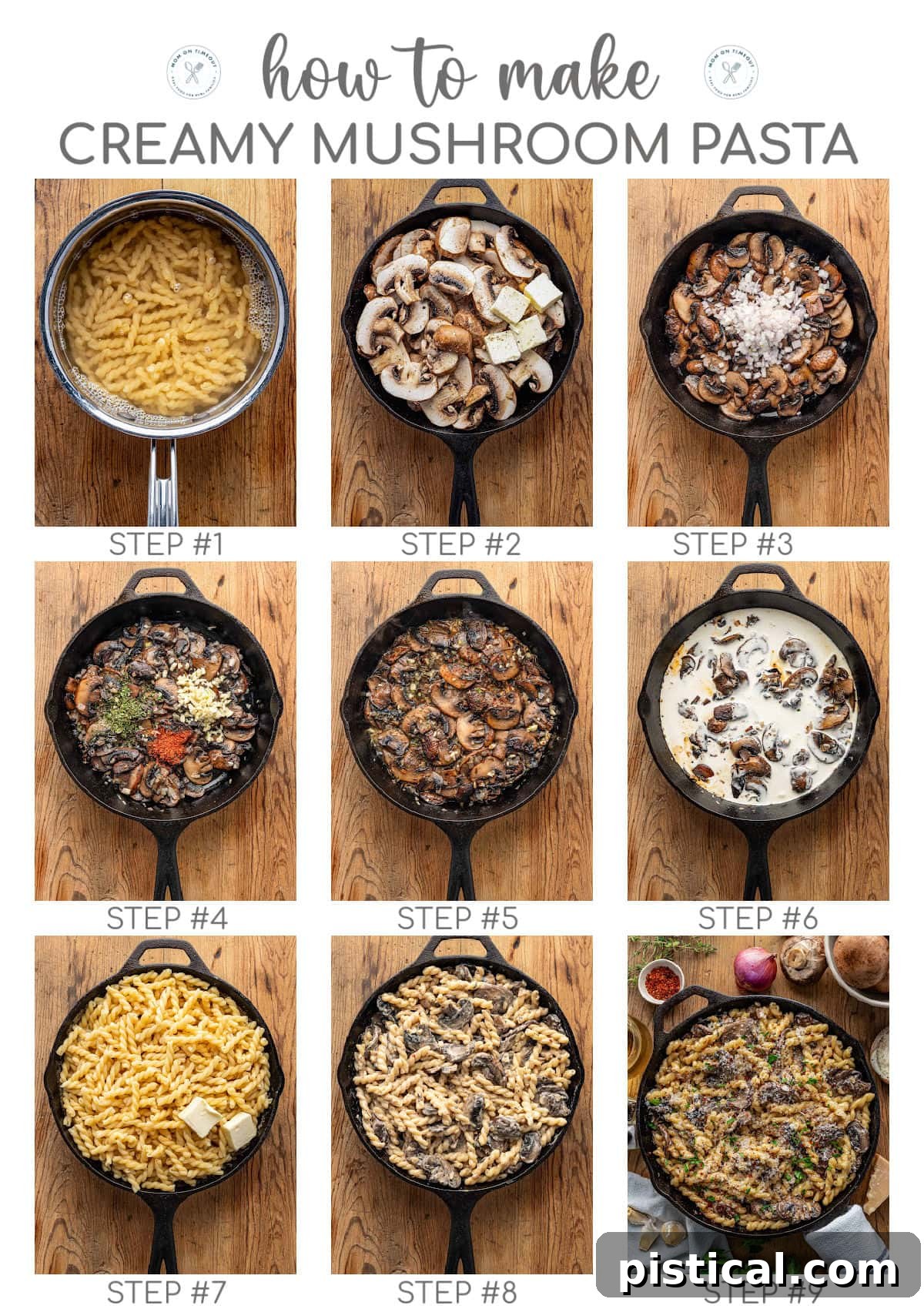 Nine image collage showing how to make the mushroom pasta recipe step by step.