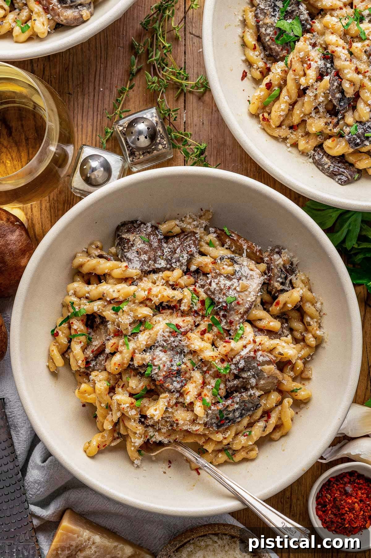 Top down shot of a white bowl filled with a mushroom pasta recipe. The bowl is on a wood surface next to a glass of wine, two more bowls, Parmesan and herbs.