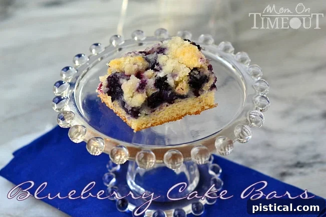 Close-up of freshly baked Blueberry Cake Bars, showcasing their golden-brown topping and juicy blueberries within. Ideal for a family brunch.