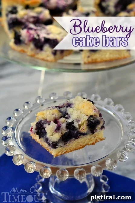 A serving of moist Blueberry Cake Bars, showcasing the perfect texture and abundance of blueberries. A treat that is easy to prepare and share.