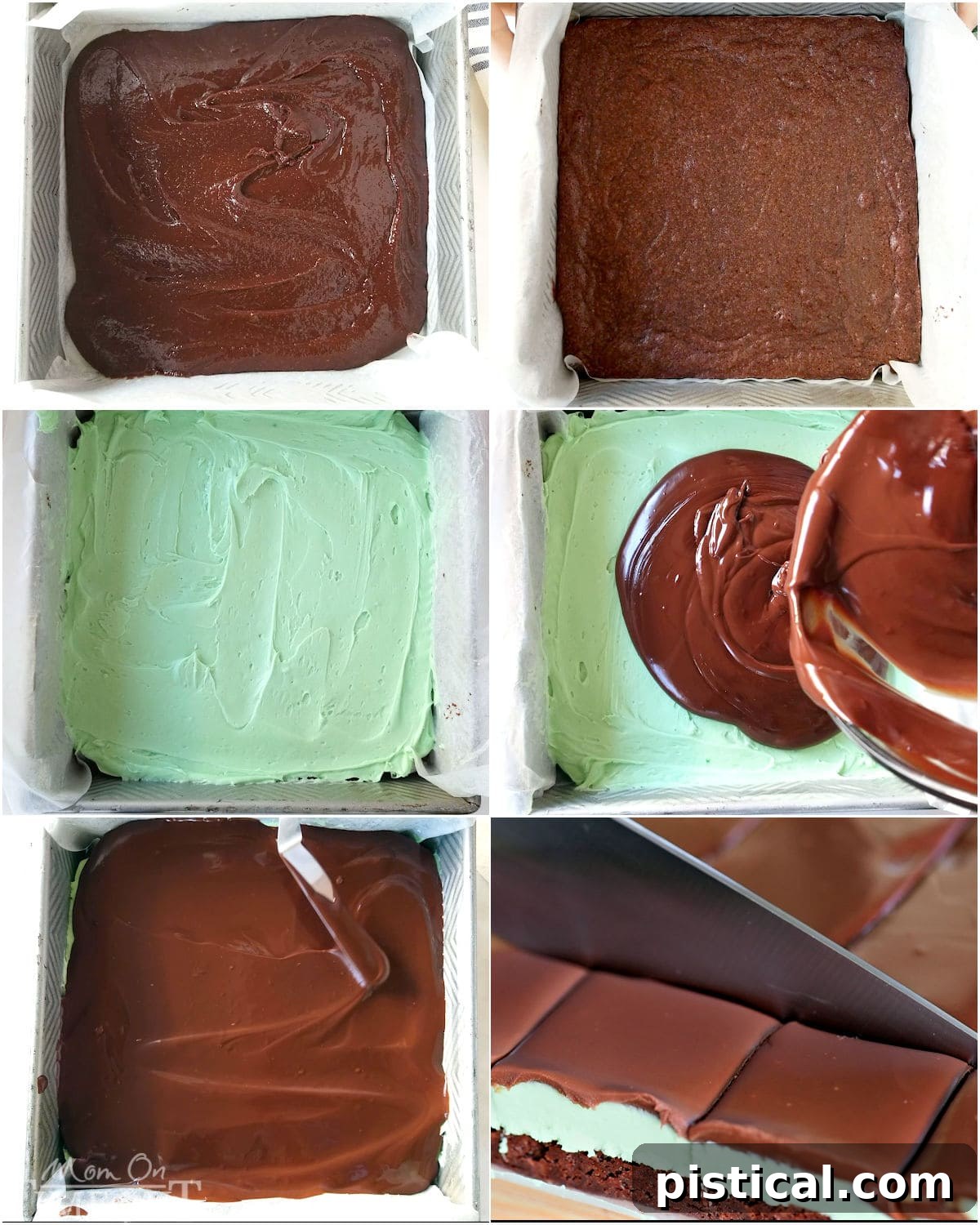 A six-image collage providing a visual overview of the step-by-step process for making chocolate mint brownies, from mixing to layering.