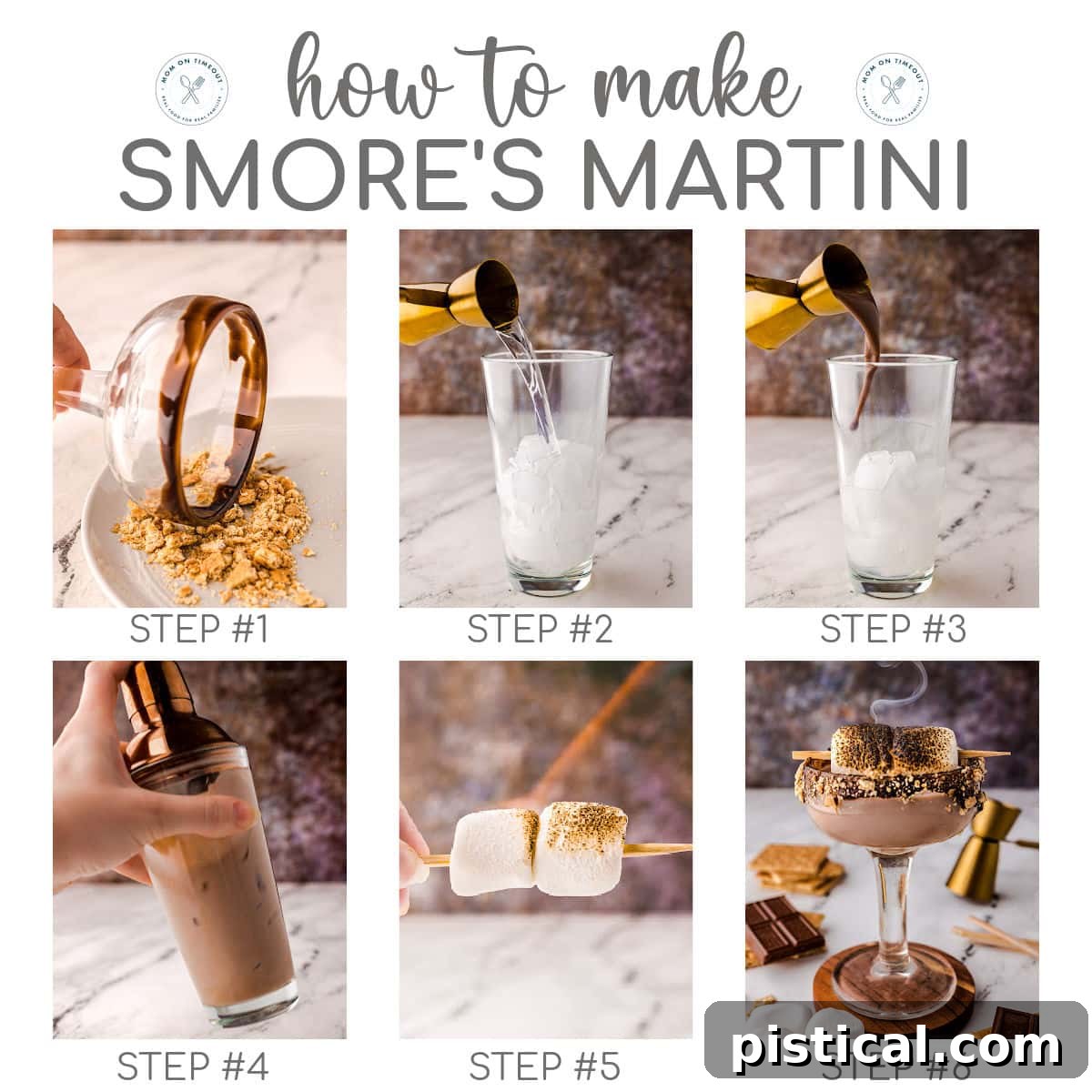 Sweet Campfire Martini 4 A 6 image collage that shows the steps for making the smores martini recipe.