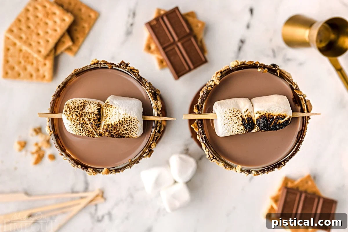 Sweet Campfire Martini 5 A top down view of two martini glasses with smores martini topped with toasted marshmallows. Recipe ingredients are scattered on the surface.