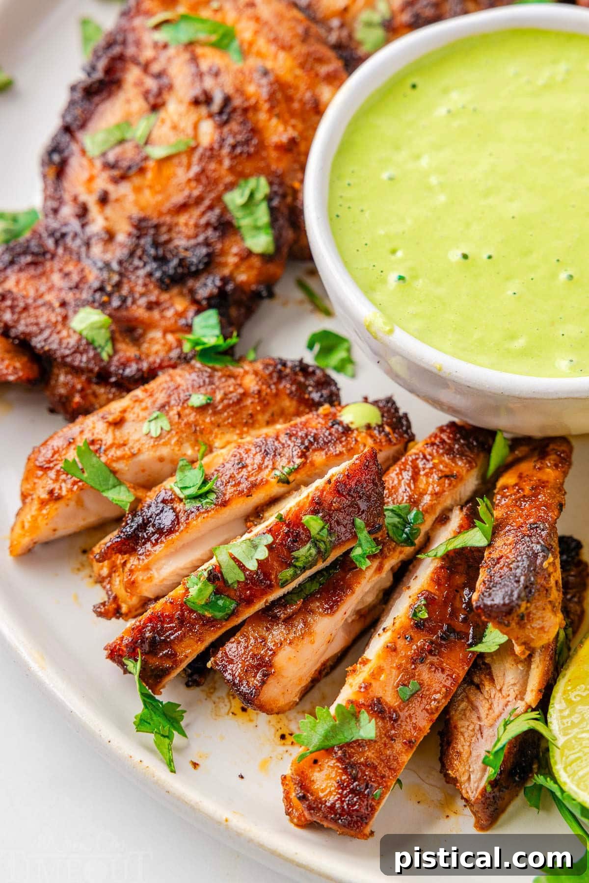 Sliced Peruvian chicken on a white serving plate next to a bowl with aji verde.