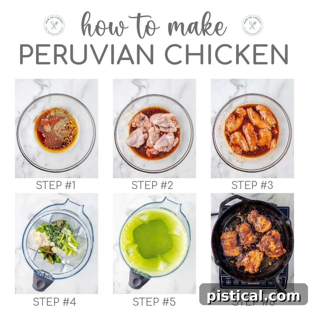 A 6 image collage that shows the steps for making Peruvian Chicken and Aji Verde.