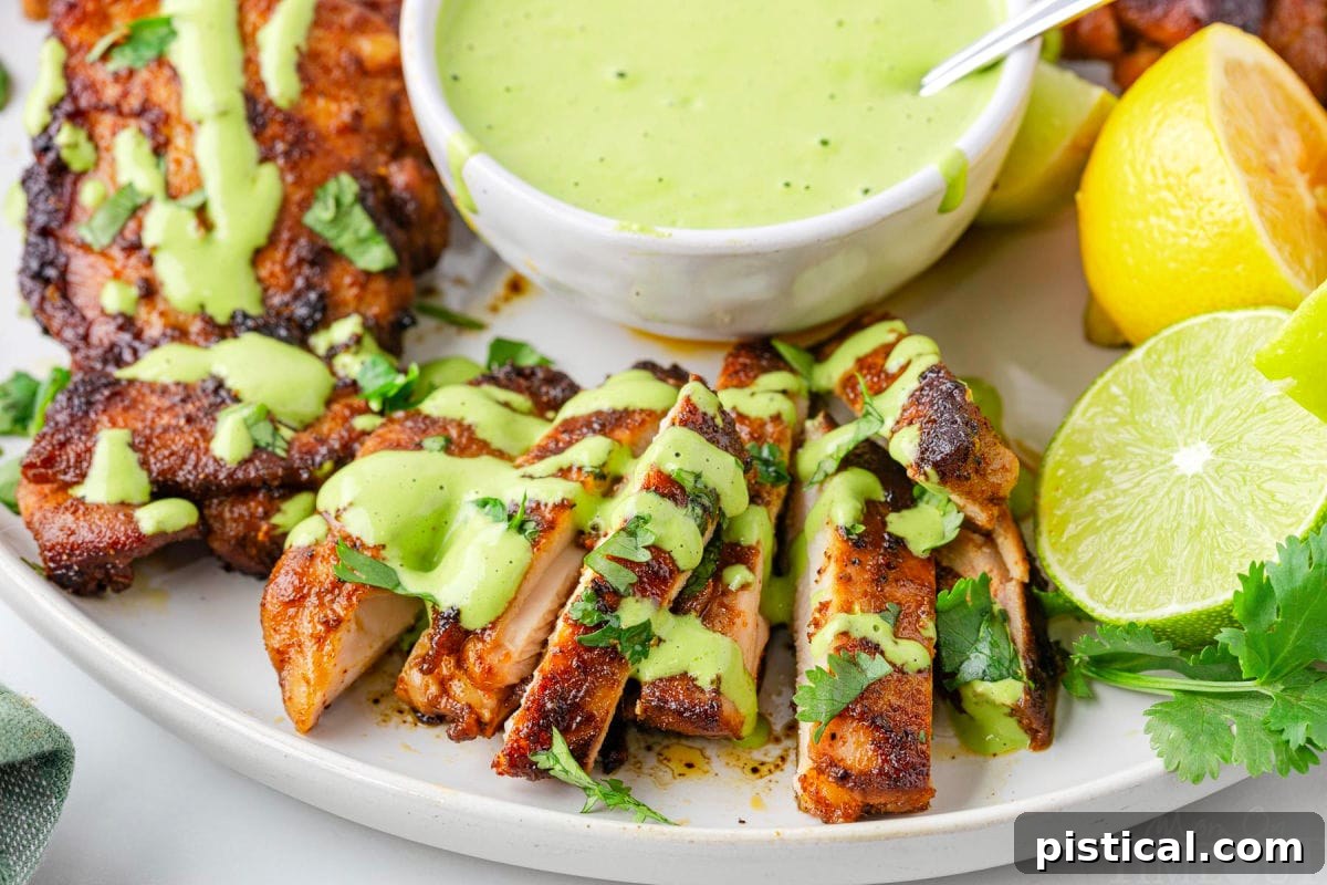 Aji verde sauce drizzled over Peruvian chicken on white plate next to limes.