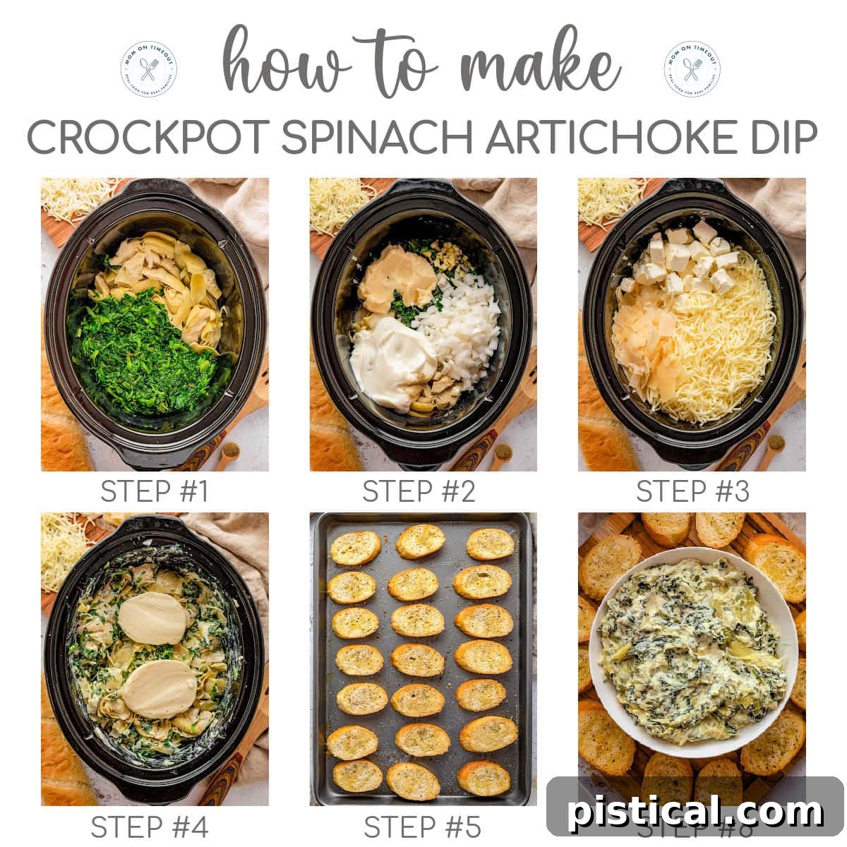 Six image collage showing how to make crockpot spinach artichoke dip step by step.