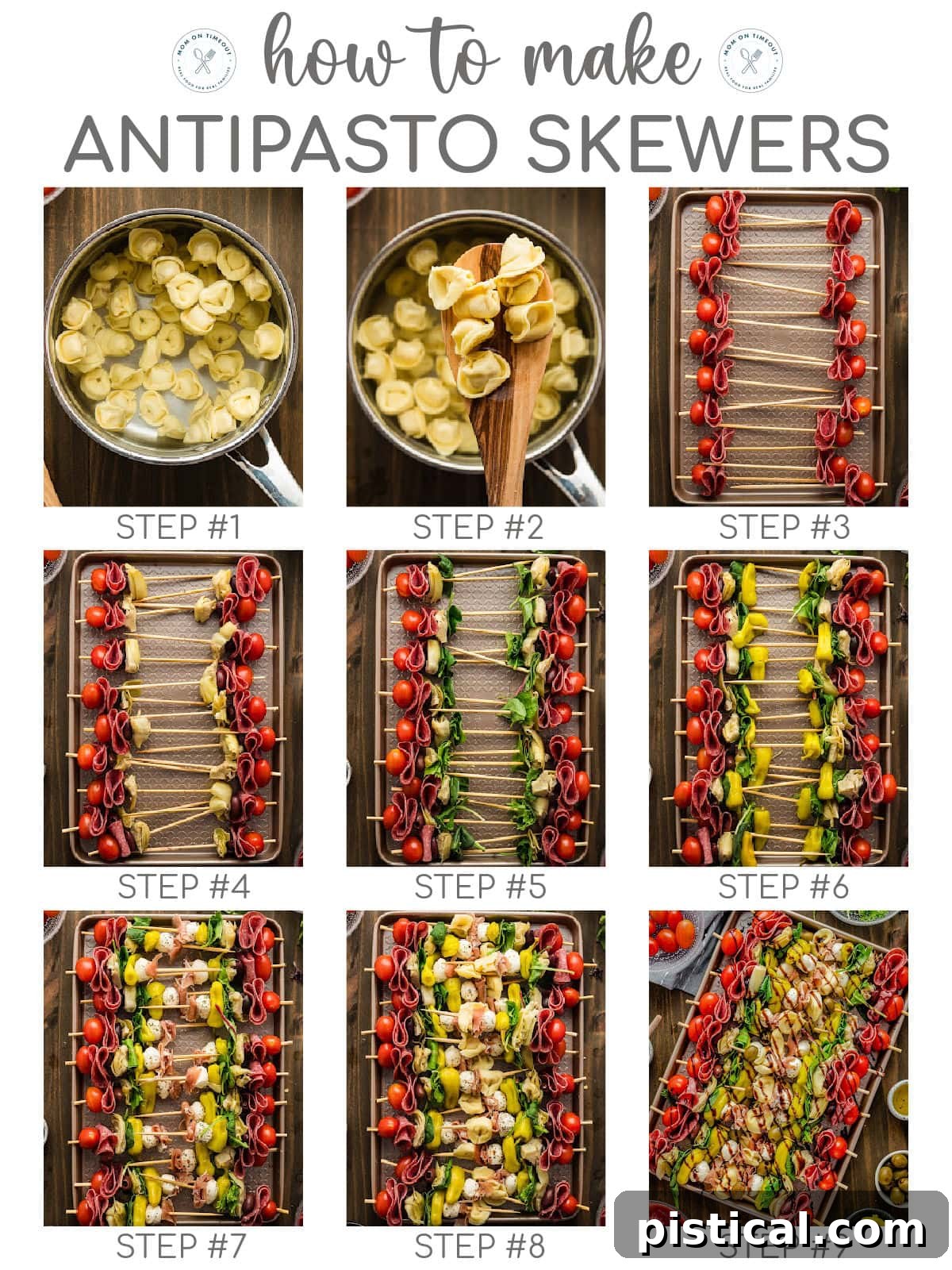 A nine-image collage demonstrating the step-by-step process of assembling antipasto skewers, showing each ingredient being added in sequence.