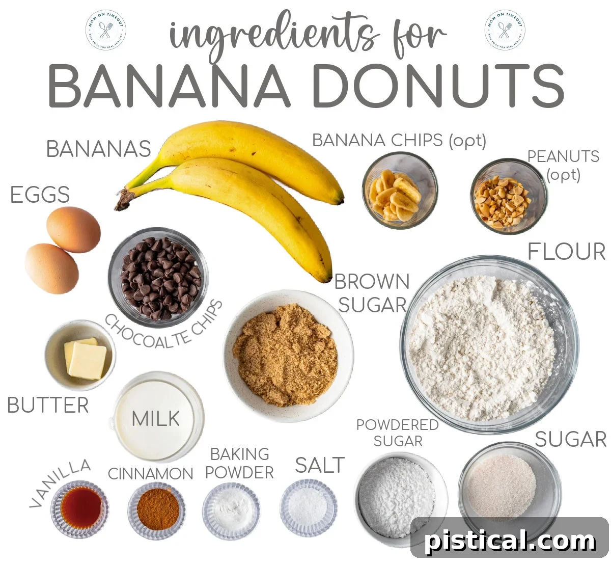 Delightful Banana Doughnuts 4 A flat lay photograph of all the measured ingredients for banana donuts, including flour, sugar, bananas, eggs, butter, and various spices, laid out on a clean surface ready for mixing.