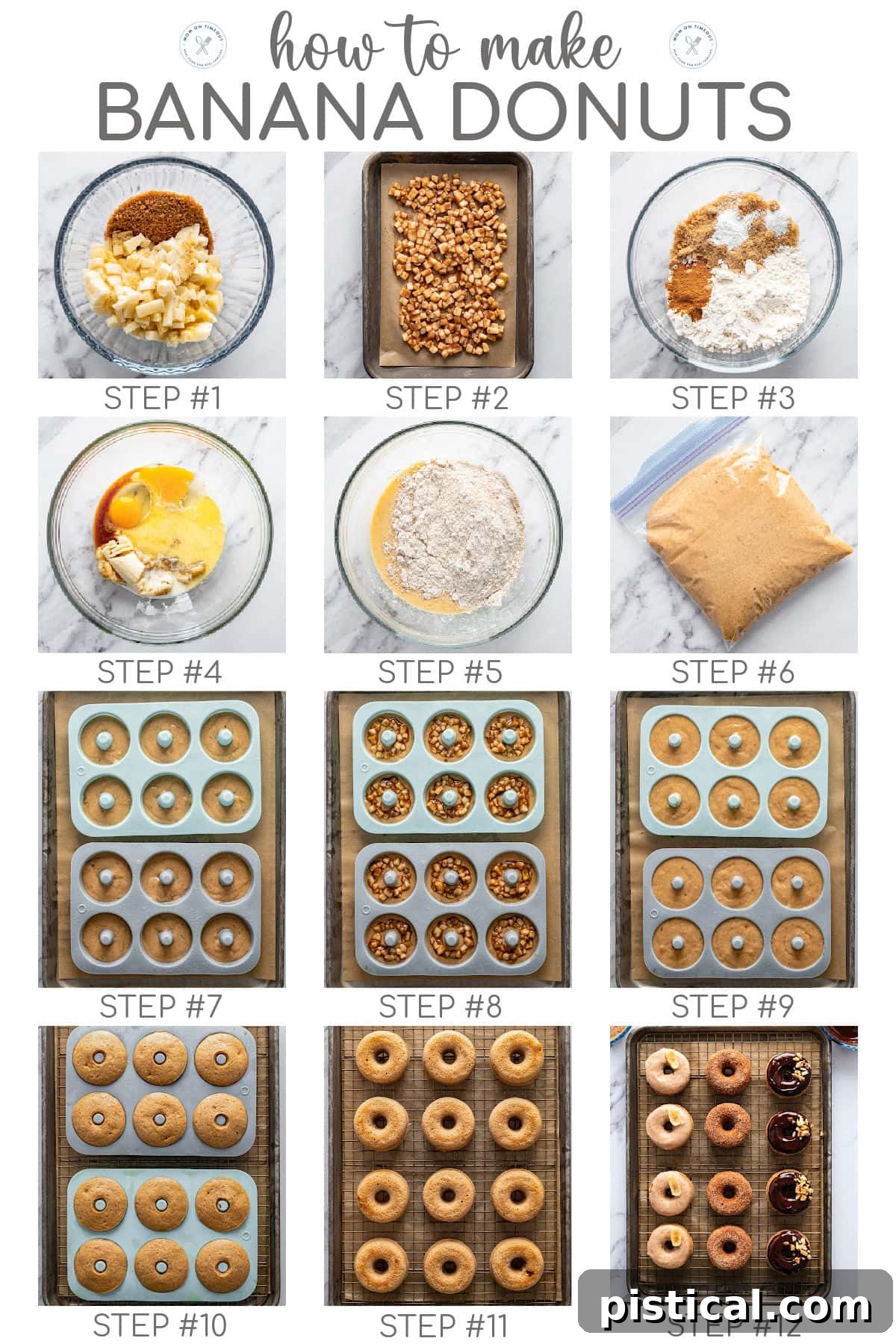 Delightful Banana Doughnuts 5 A 12-photo collage showing step-by-step visuals for making banana donuts, from mixing ingredients to piping batter and baking.