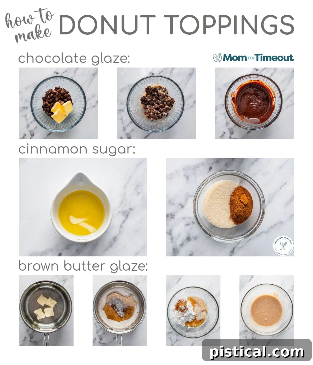 Delightful Banana Doughnuts 6 A collage image showcasing the preparation steps for various donut toppings: chocolate glaze, cinnamon sugar, and brown butter glaze.