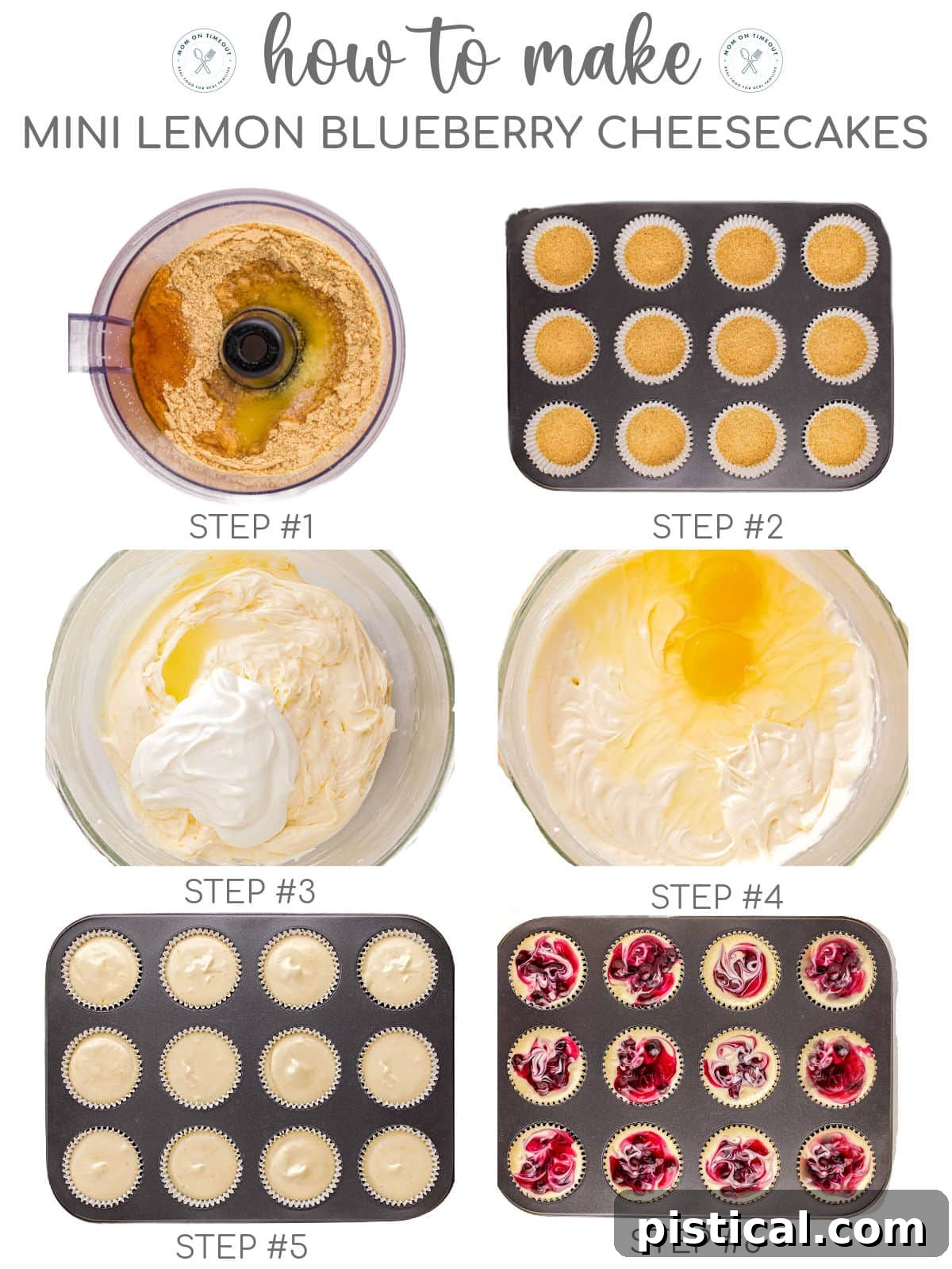 A 6 image collage that shows photos of the steps for making the cheesecakes.