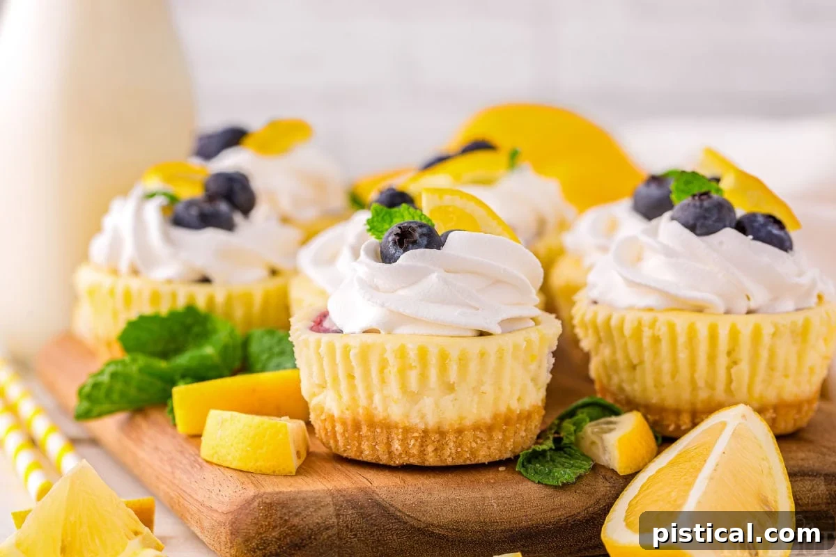 A side view of lemon blueberry mini cheesecakes on a wood cutting board. Garnishes are scattered around the cheesecakes.