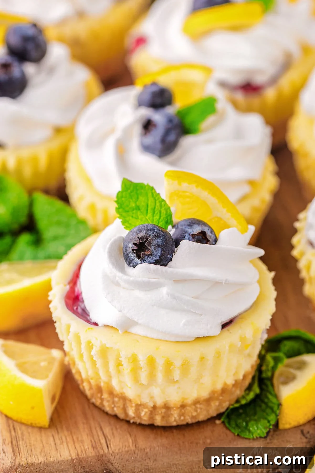 A close up view of a lemon blueberry mini cheesecake. Garnishes and more cheesecakes are behind it.
