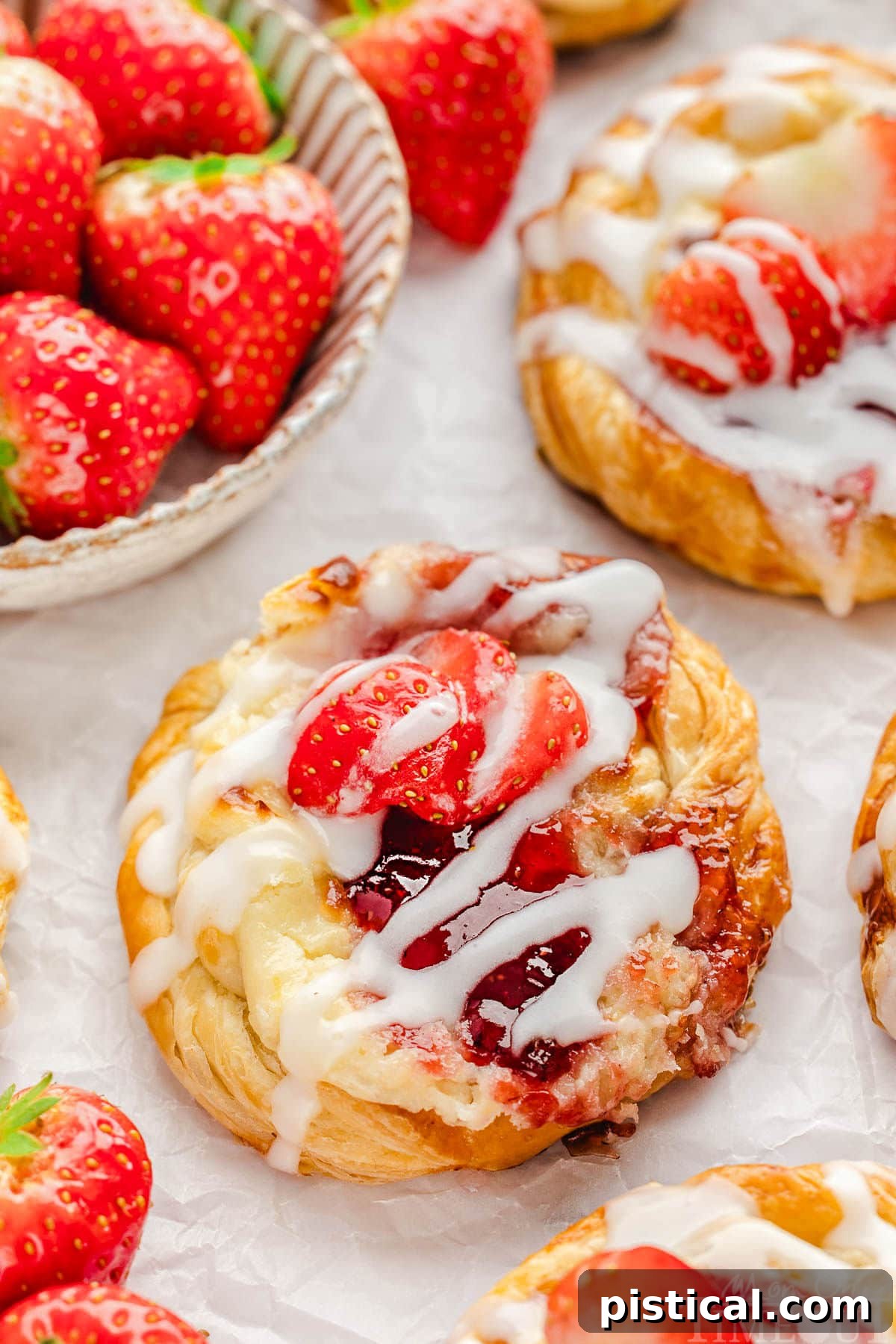 Freshly baked strawberry danish with creamy cream cheese filling, topped with a sweet glaze and sliced fresh strawberries, ready to be enjoyed.