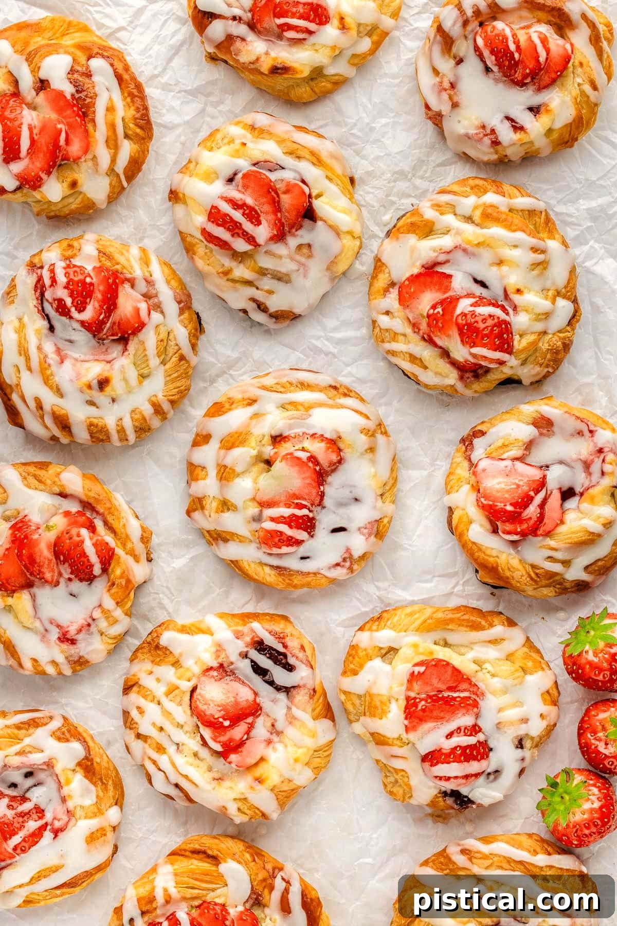 Top-down view of fifteen freshly baked strawberry cream cheese danishes cooling on parchment paper, showcasing their perfect round shape and golden crusts.