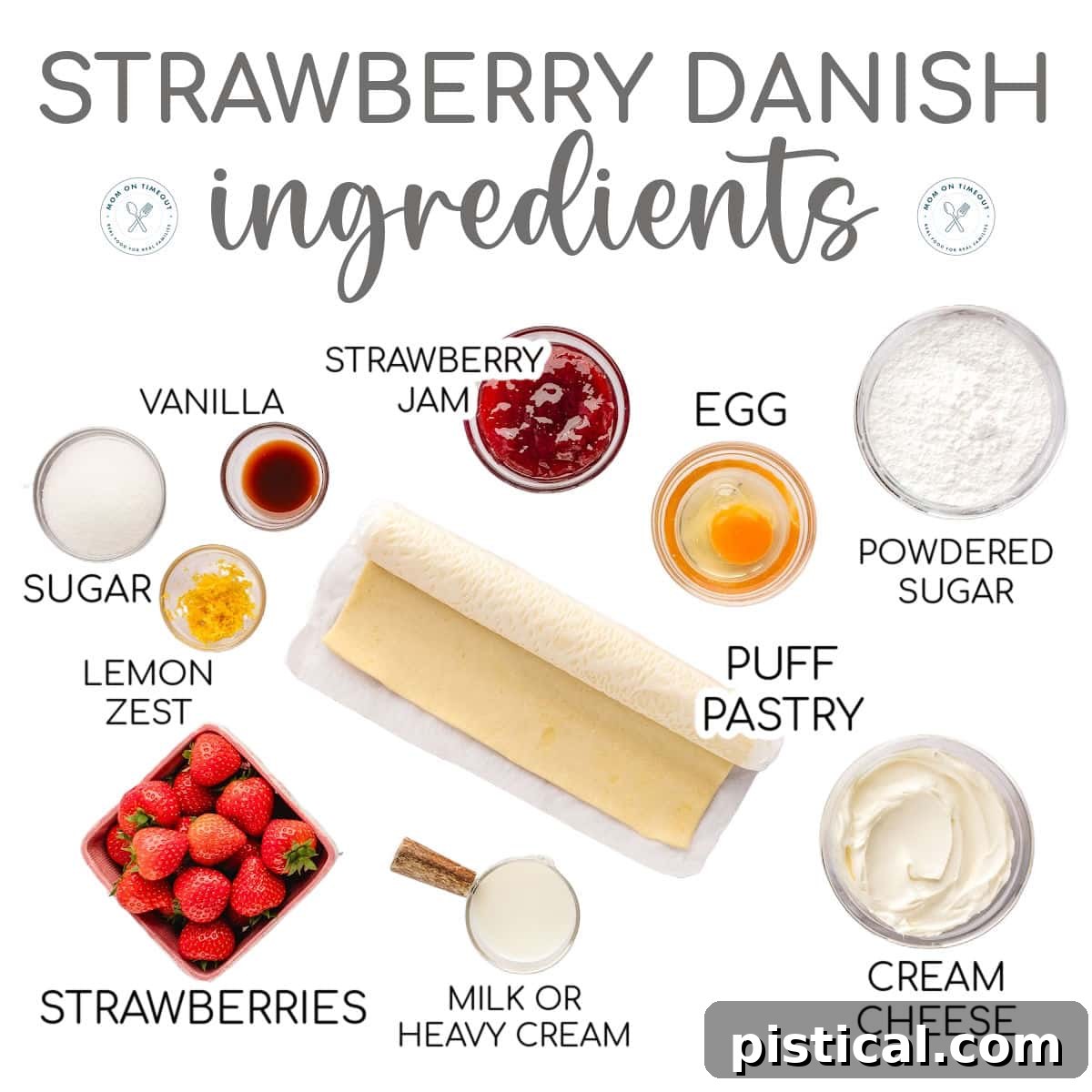 An array of fresh strawberry danish ingredients laid out on a white surface, including puff pastry, cream cheese, sugar, lemon, vanilla, strawberry jam, and fresh strawberries, ready for preparation.