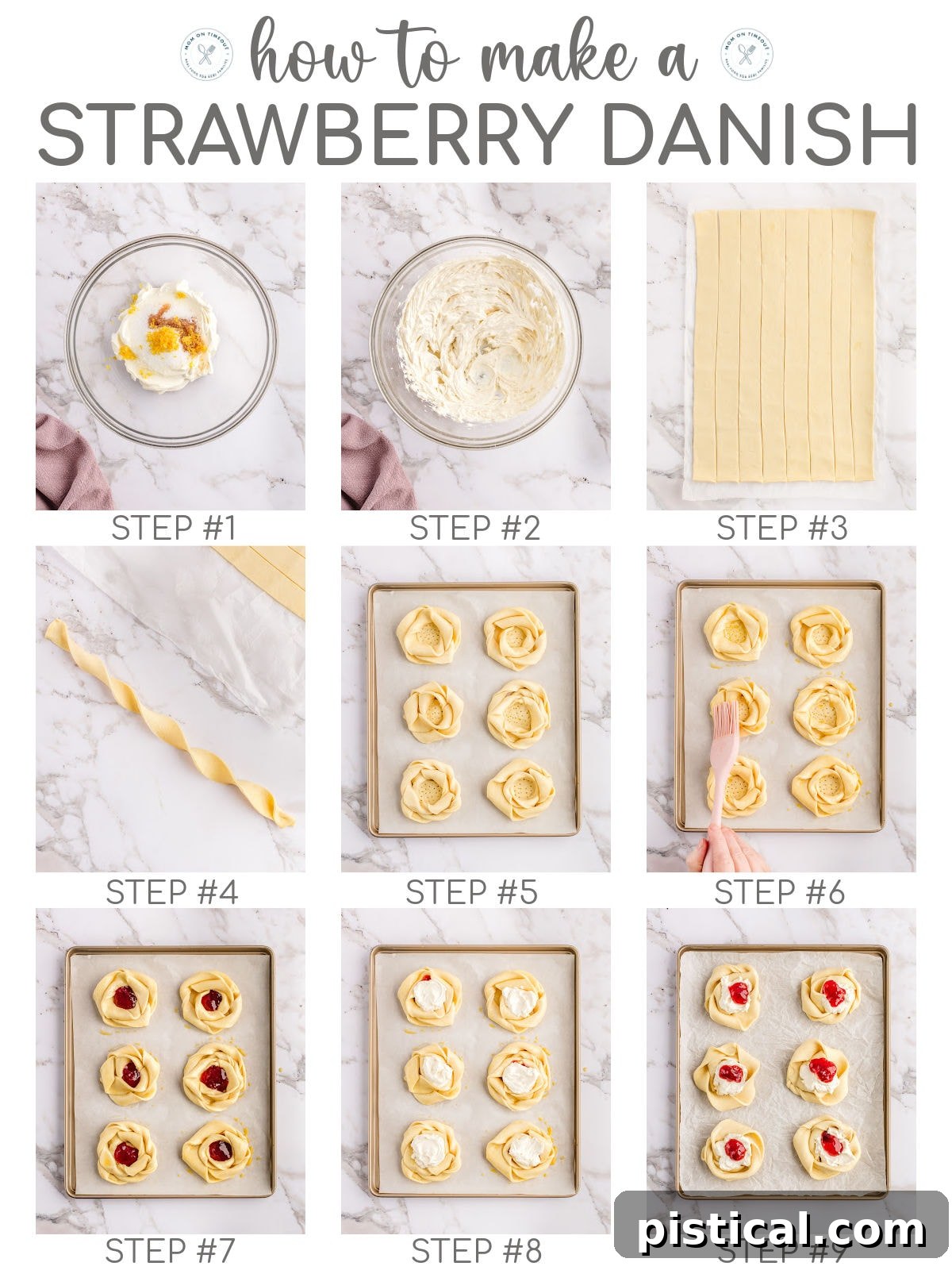 A nine-image collage illustrating the step-by-step process of making strawberry danishes, from preparing ingredients to shaping and filling the pastries before baking.