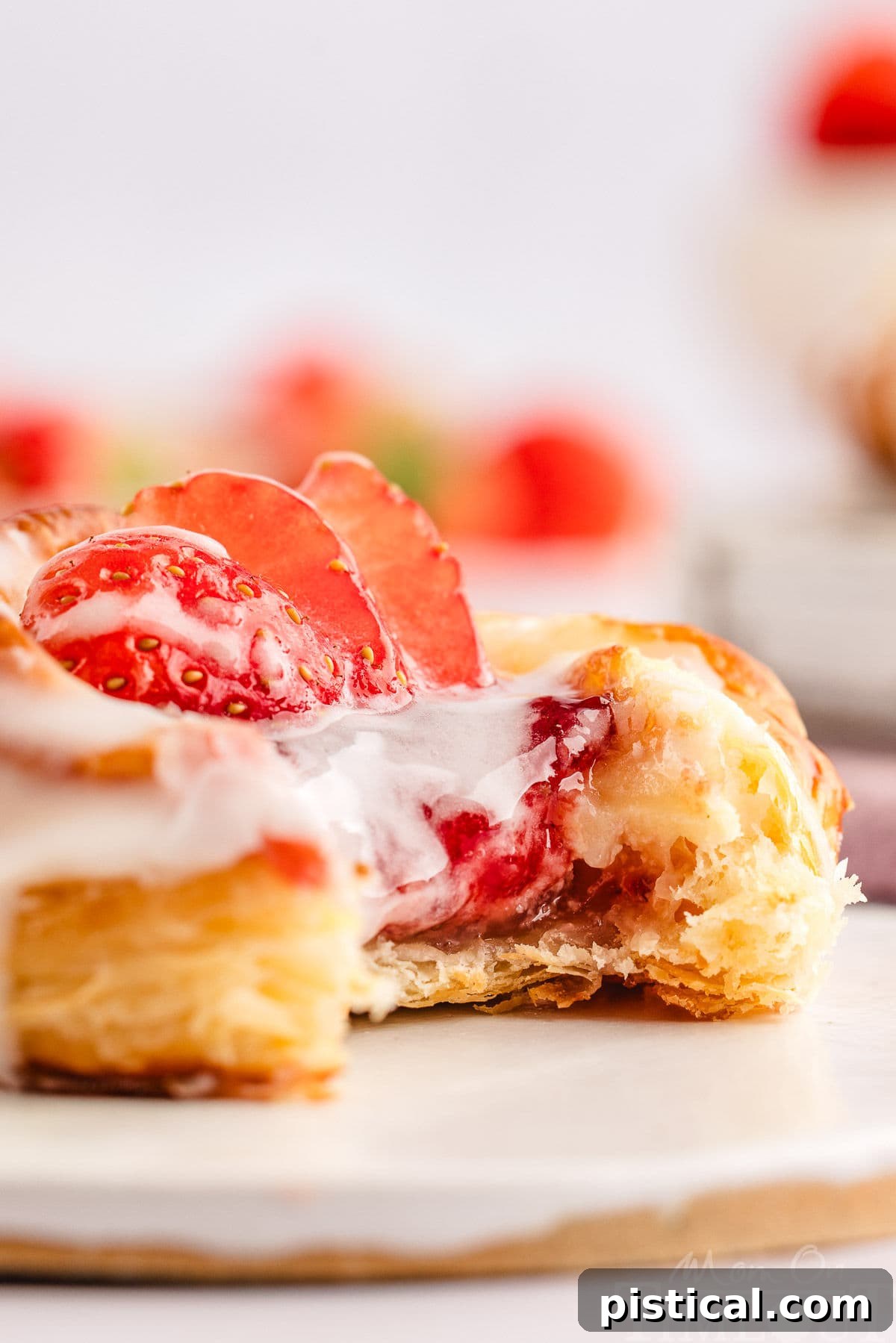A close-up of a strawberry cream cheese danish with a bite taken out, showing the flaky pastry and creamy filling, drizzled with glaze and topped with fresh strawberries, on a white wooden board.