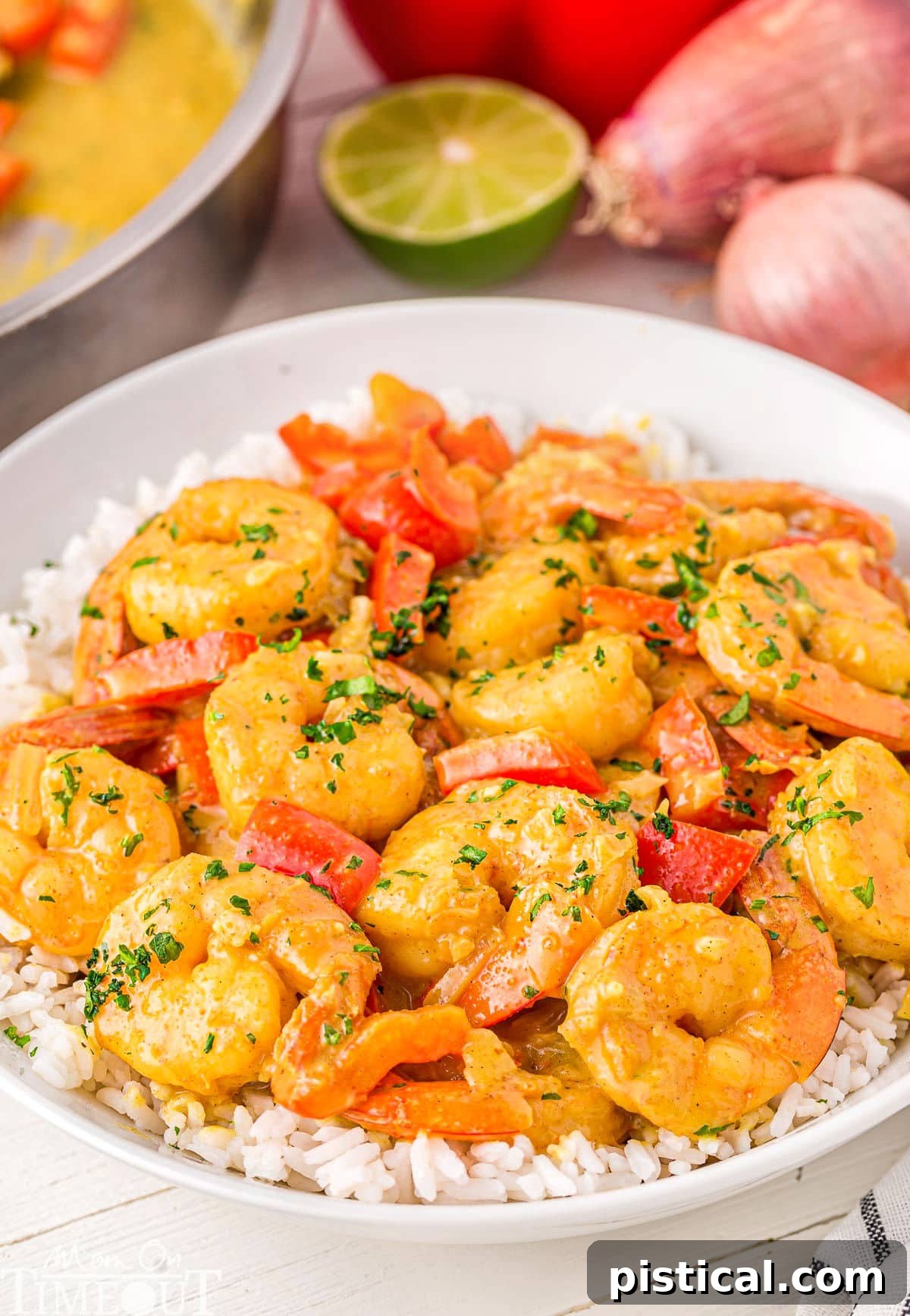 A beautifully plated Shrimp Curry served over white rice, garnished with fresh herbs and a lime wedge. The rich, creamy sauce coats the tender shrimp, promising a delightful meal.