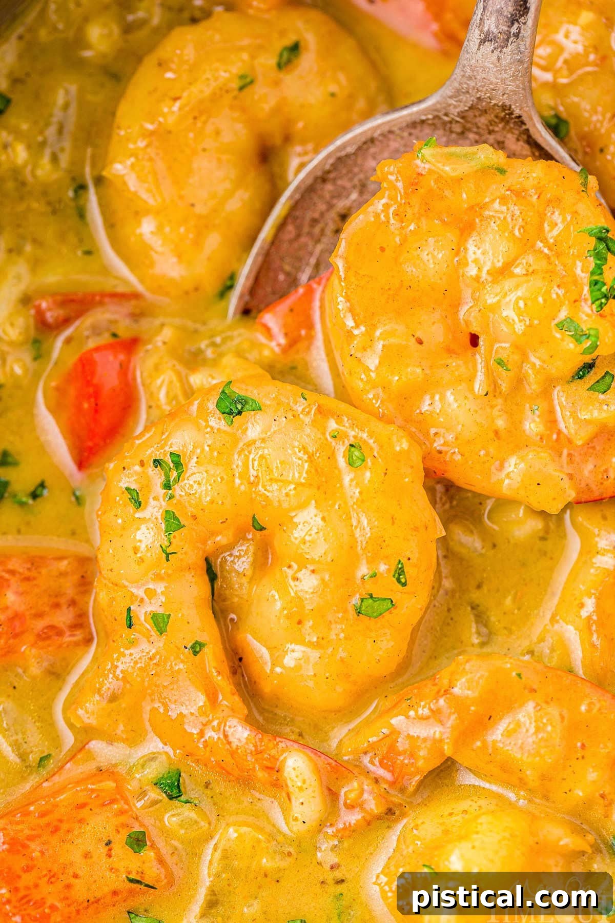 A close-up shot showcasing succulent shrimp pieces generously coated in a rich, creamy coconut curry sauce, highlighting the inviting texture and vibrant color of the dish.