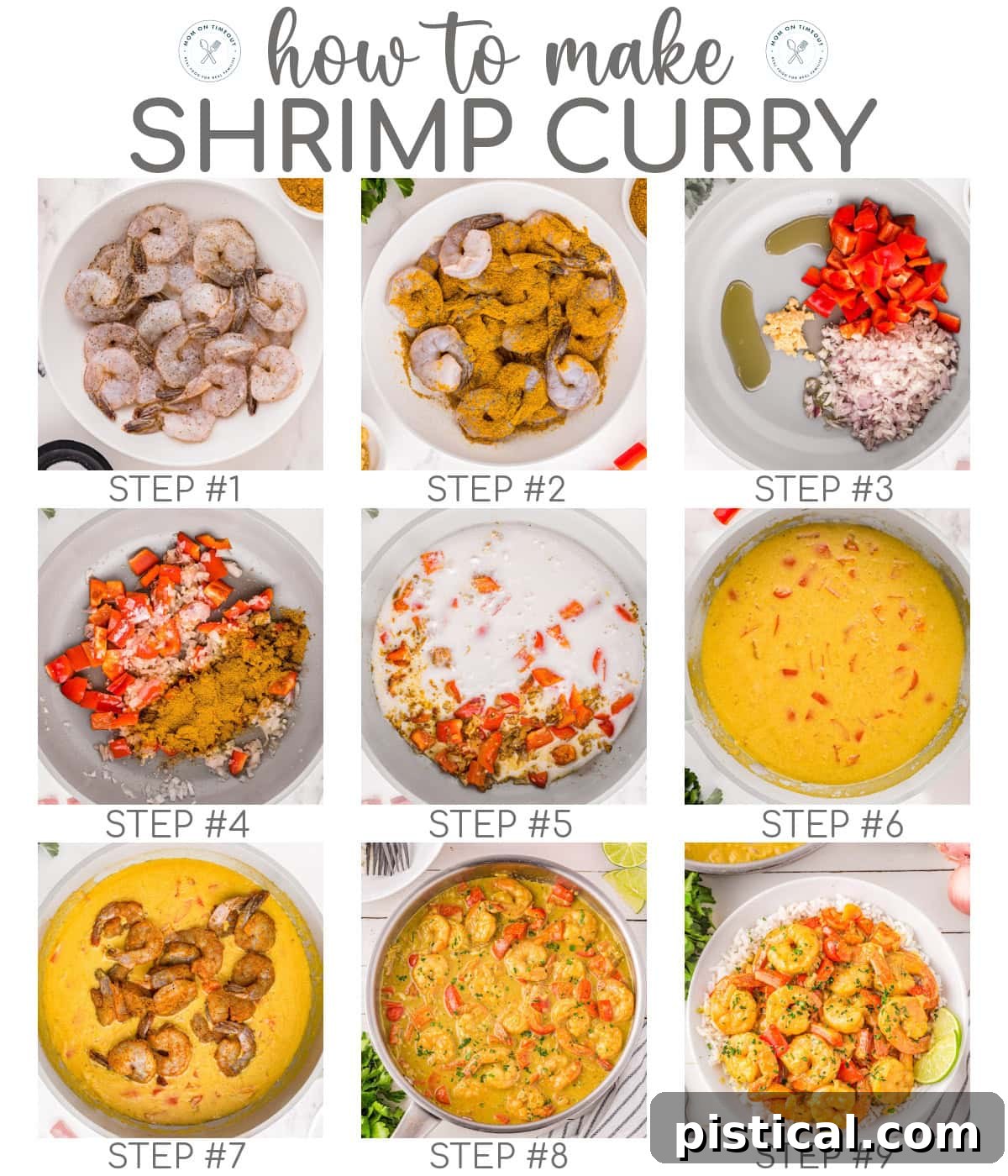A nine-image collage illustrating the step-by-step process of preparing the Shrimp Curry recipe, from preparing ingredients to the final cooked dish, making it easy to follow along.