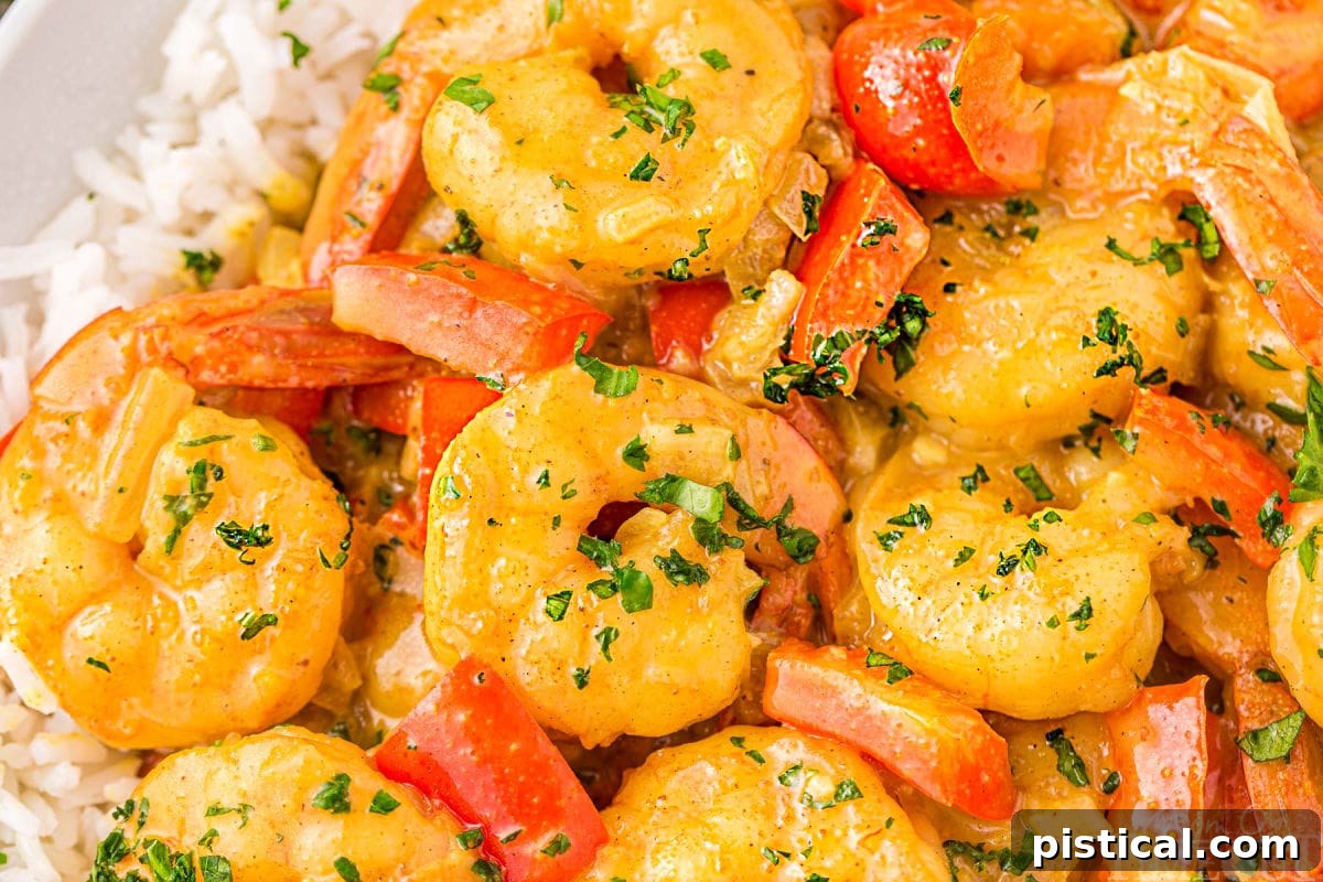 A vibrant close-up of tender shrimp and colorful red bell pepper pieces nestled in a luxurious, creamy coconut curry sauce, served atop a bed of fluffy white rice, ready to be enjoyed.