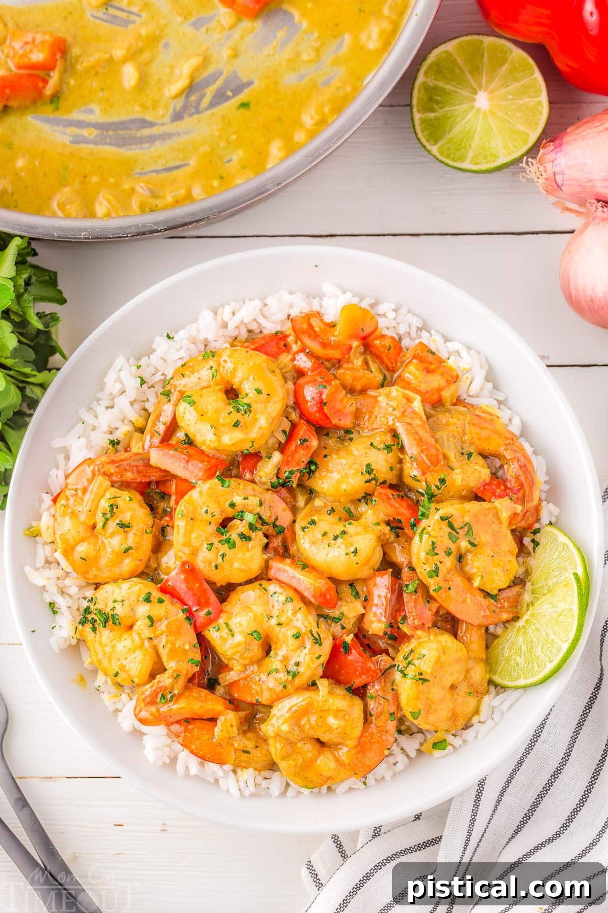 An inviting overhead shot of a single serving bowl filled with creamy Coconut Curry Shrimp and white rice, garnished with fresh herbs, ready to be savored.