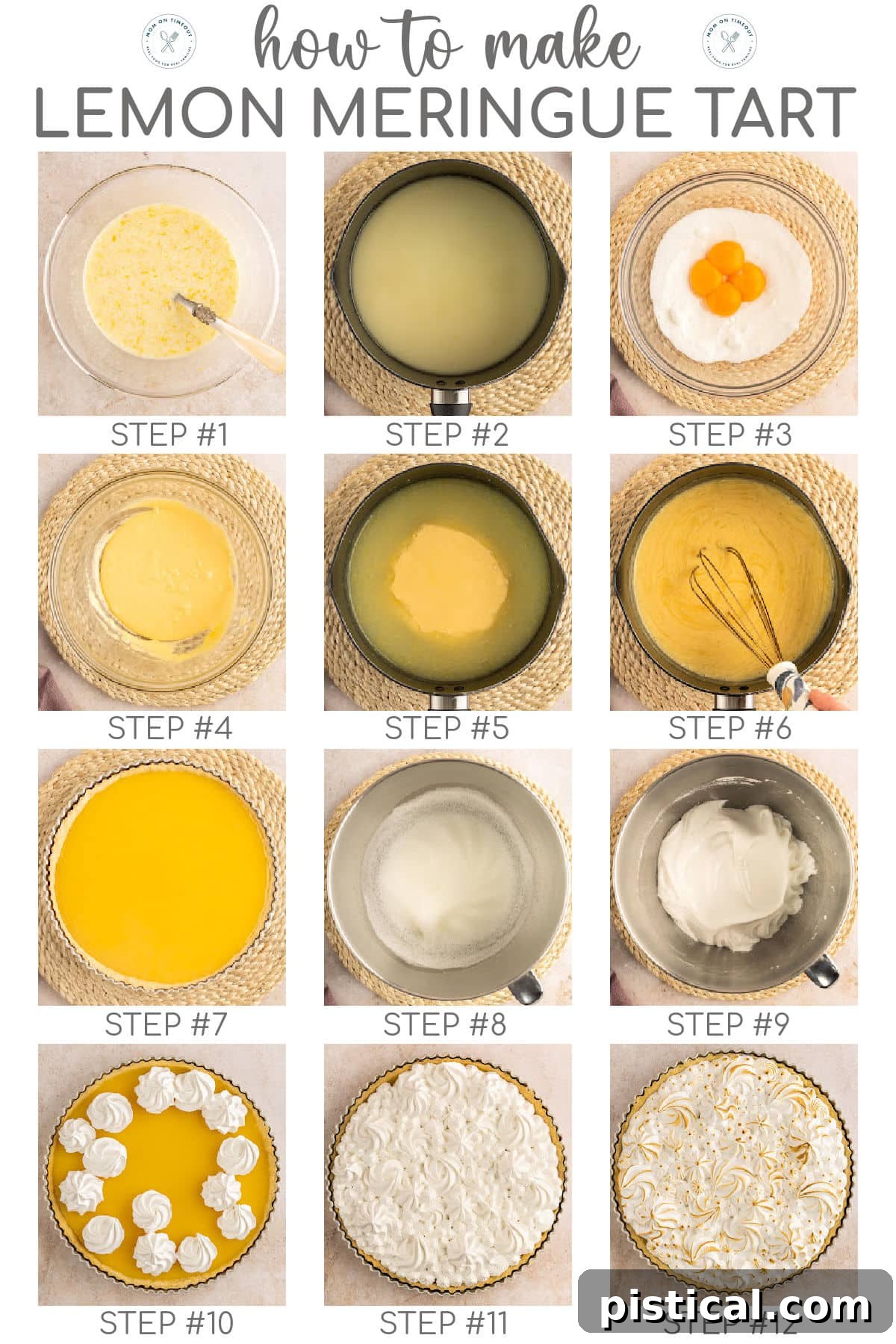 Zesty Lemon Cloud Tart 5 A 12-image collage showcasing the detailed steps for preparing both the luscious lemon filling and the fluffy meringue topping for the lemon meringue tart.