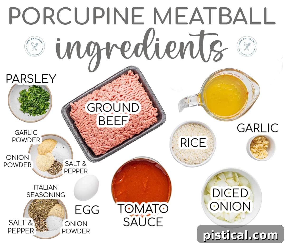 A high-angle shot of all the measured ingredients for porcupine meatballs, neatly arranged in small bowls, ready for mixing.
