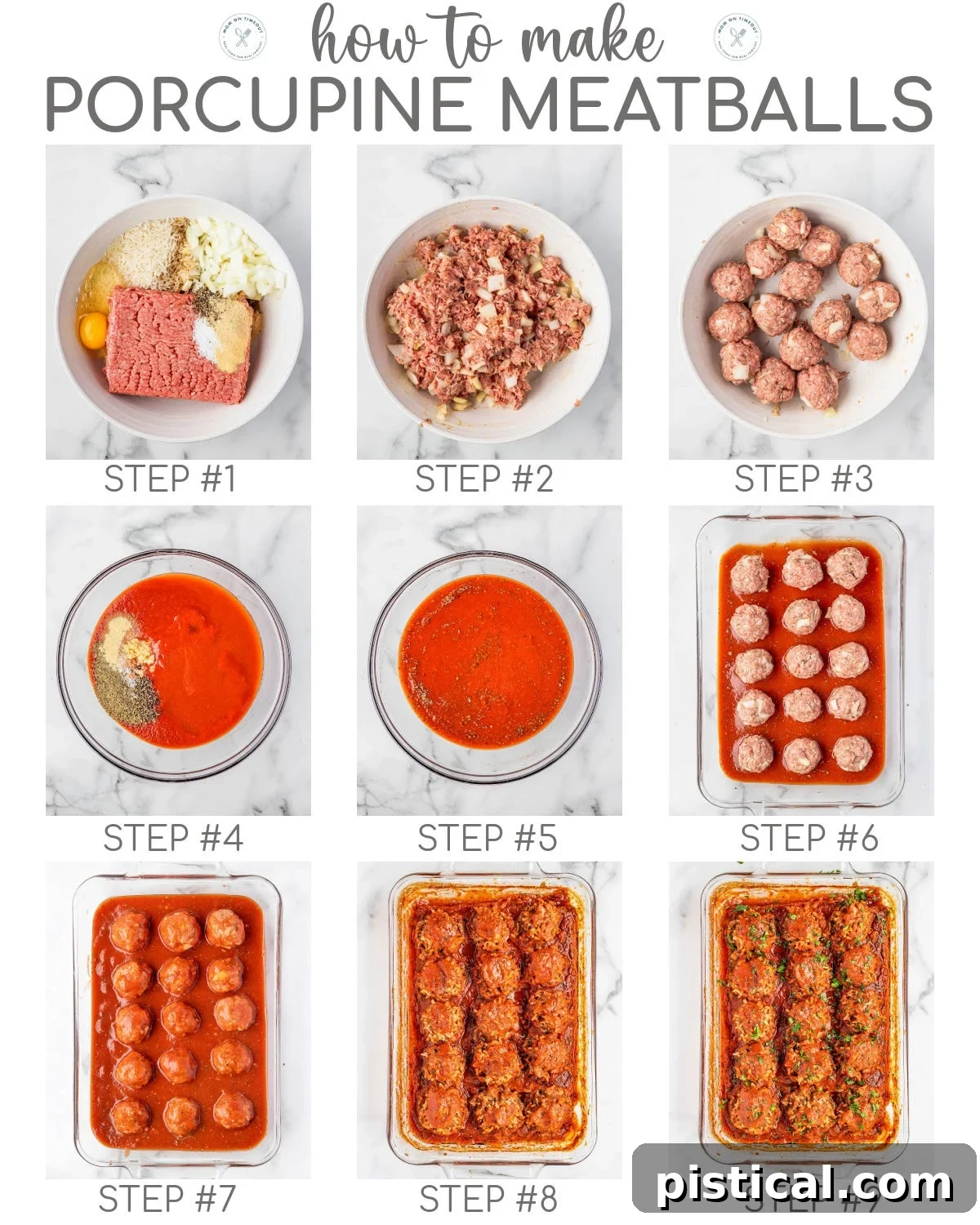A 9-image collage showing step-by-step photos for preparing the porcupine meatballs recipe, from mixing ingredients to the final baked dish.