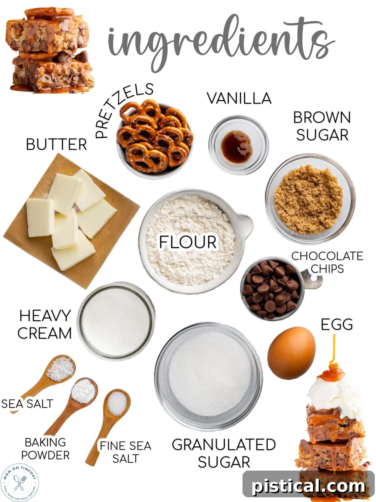 Sweet Salty Blondie Squares 4 Top down view of salted caramel blondies ingredients measured out into small bowls and ready to be used. Text overlay.