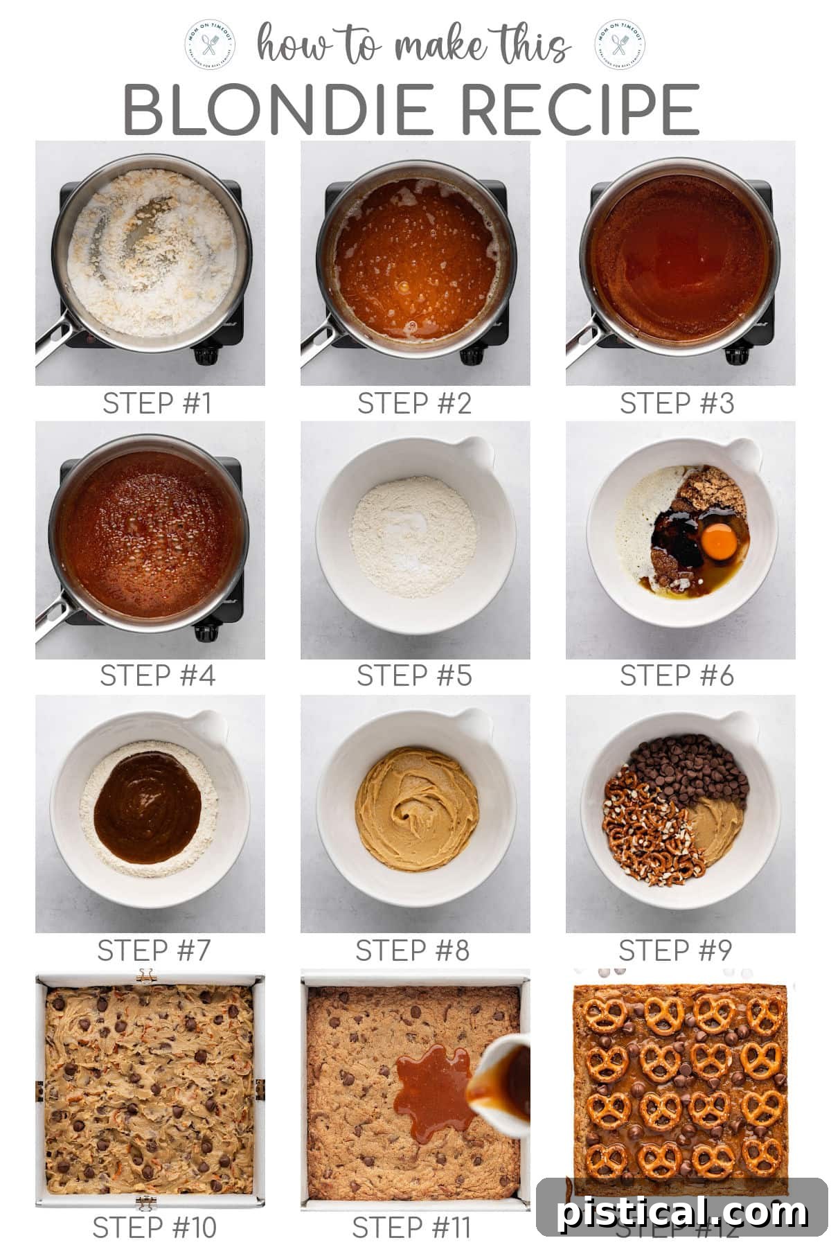 Sweet Salty Blondie Squares 5 A 12 image collage that shows a different photo for each step of the blondie recipe.