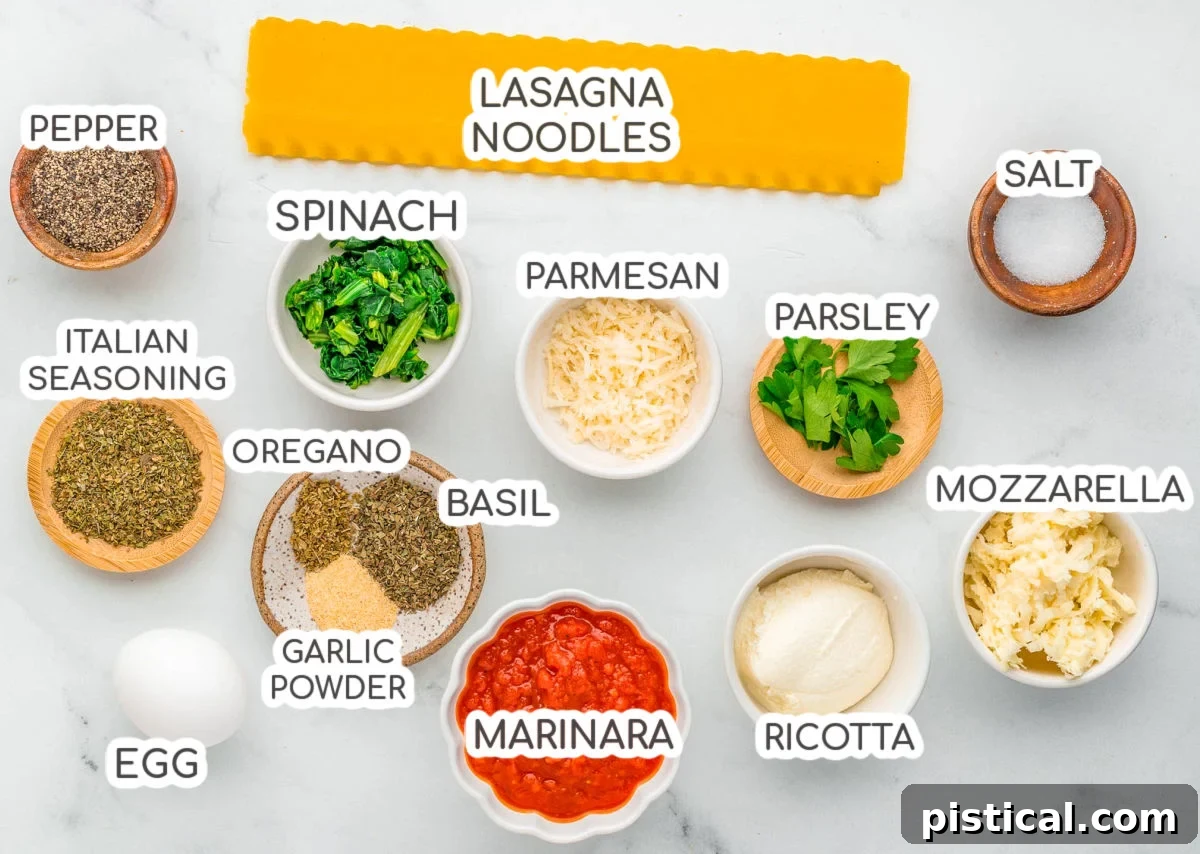 Top down shot of ingredients for lasagna roll up recipe. Ingredients are all labeled.