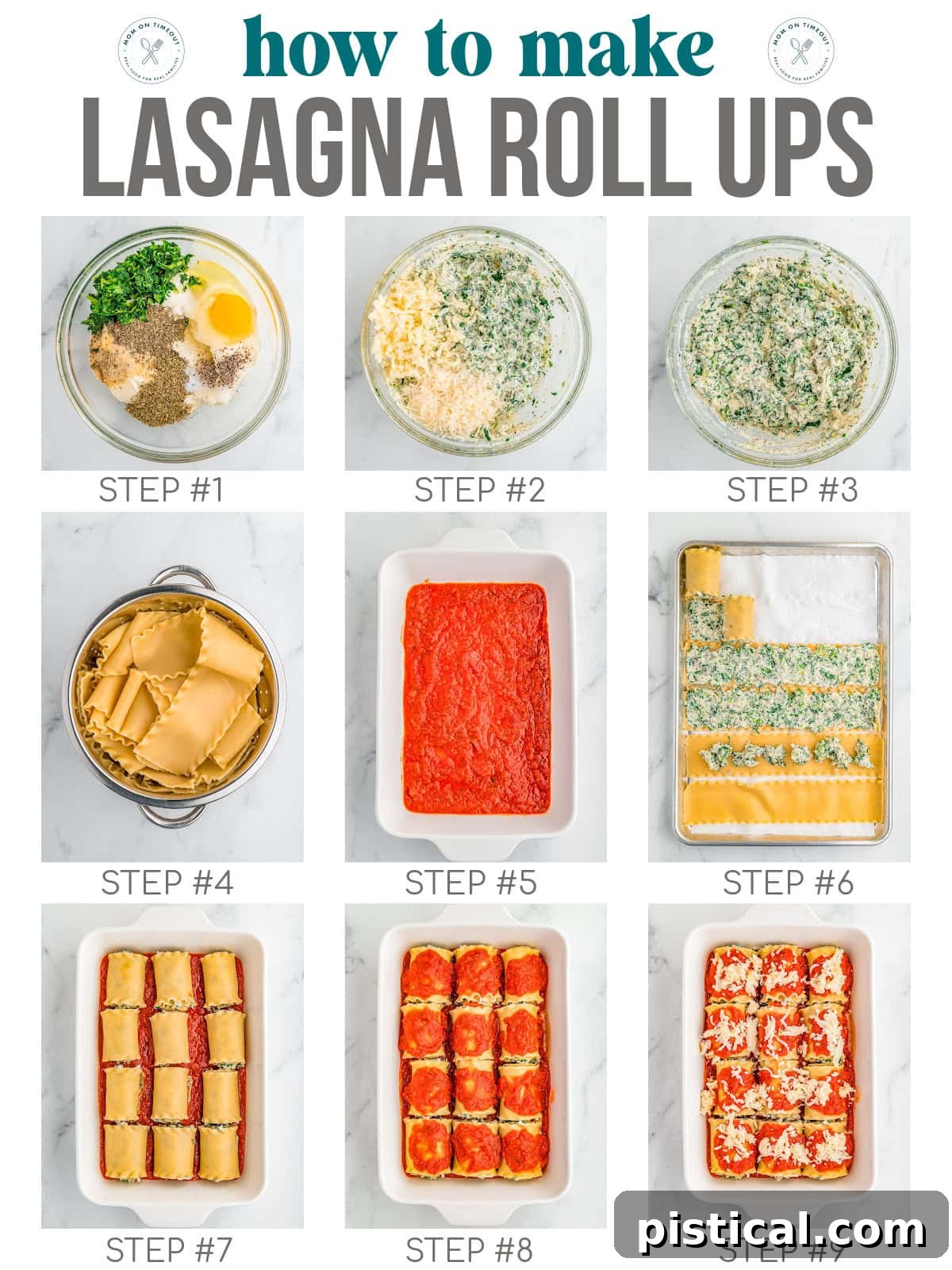 Nine image collage showing how to make and assemble the lasagna roll ups recipe step by step. Title at the top of the graphic.