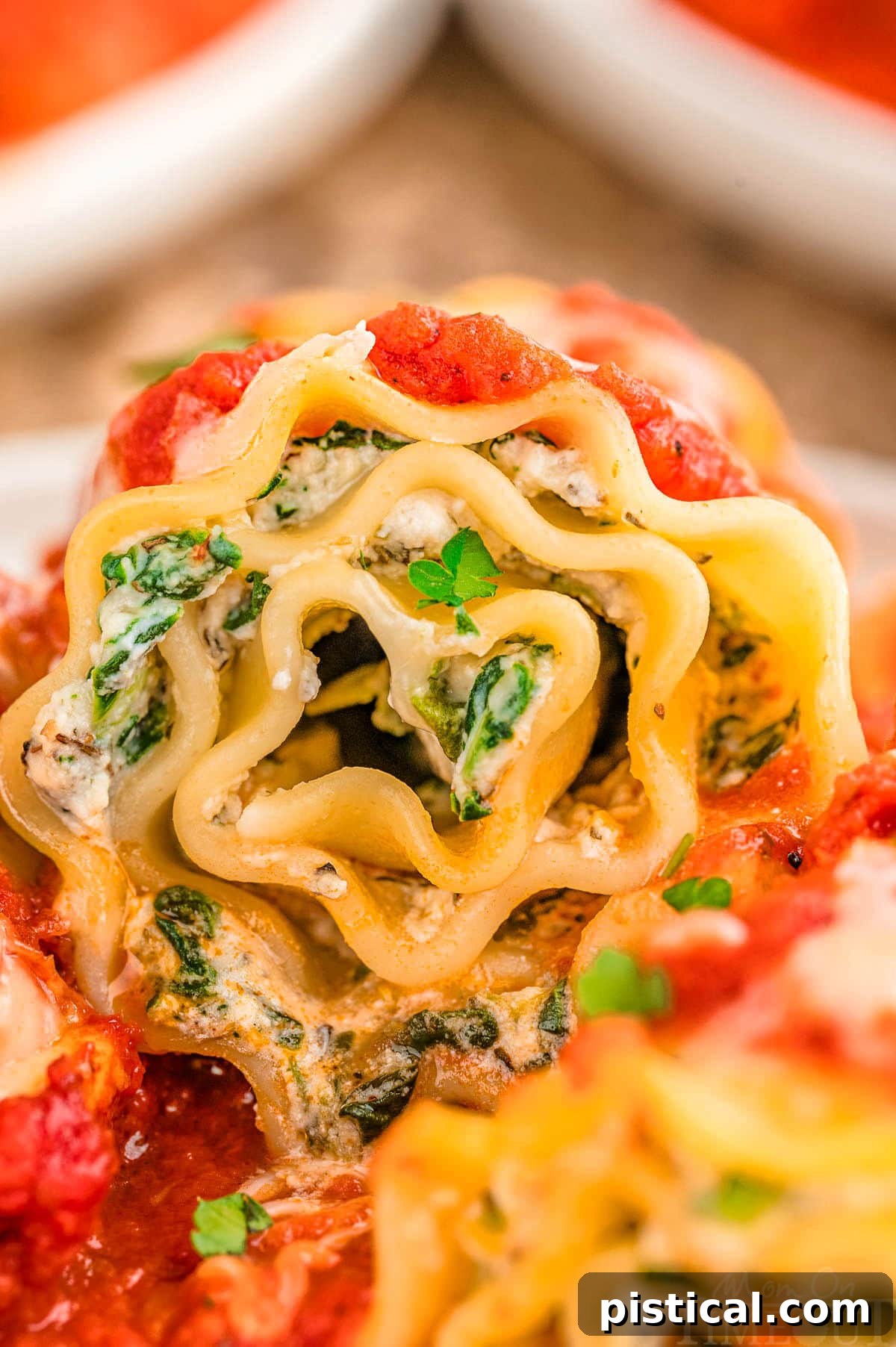 Close up look at lasagna roll up on plate.