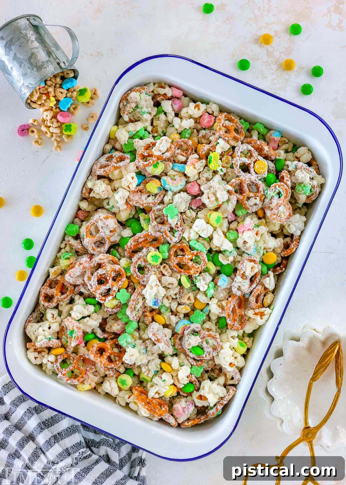 Top down shot of easy Leprechaun Bait recipe in large white enamel casserole dish.