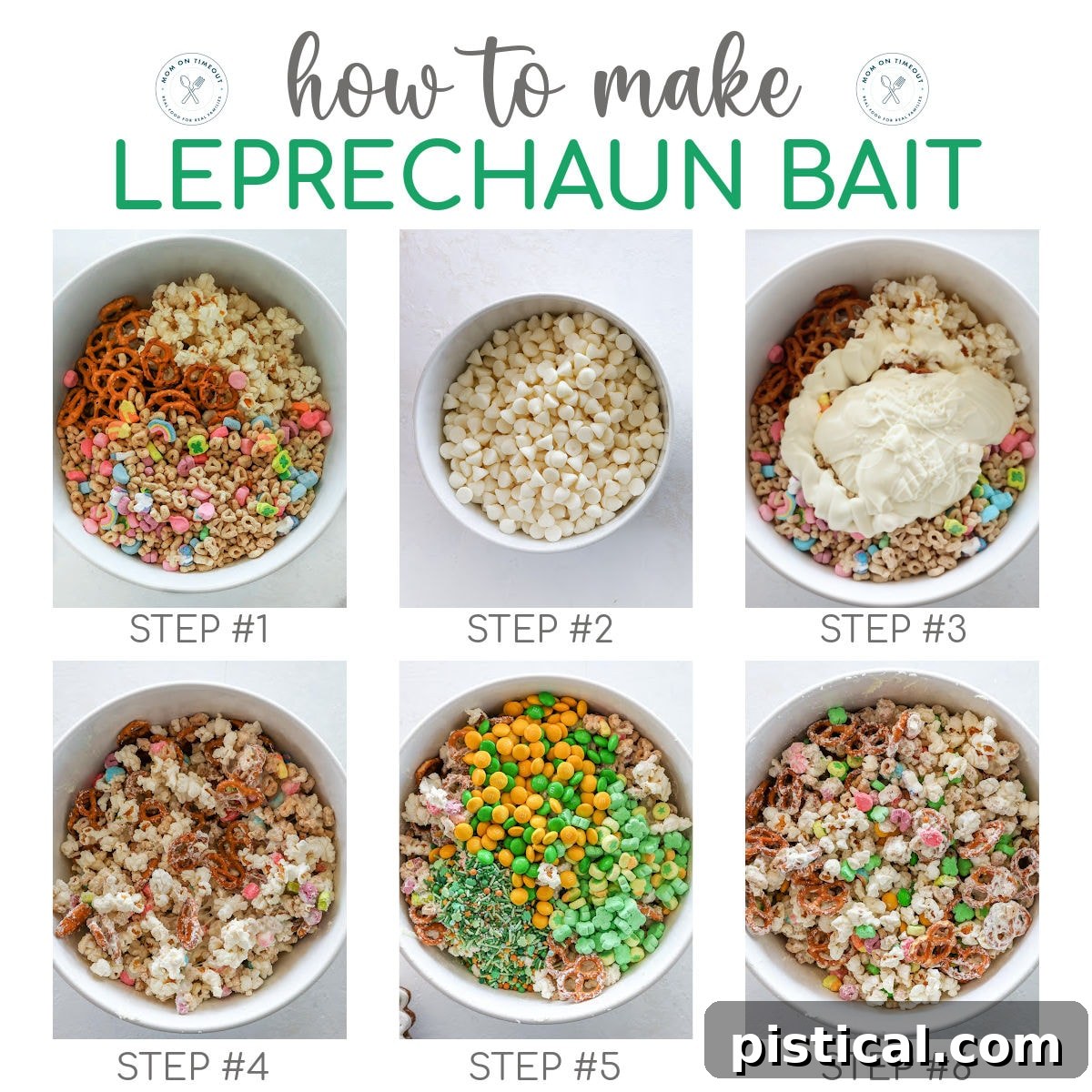Six image collage showing how to make leprechaun bait. Text overlay at top of image.